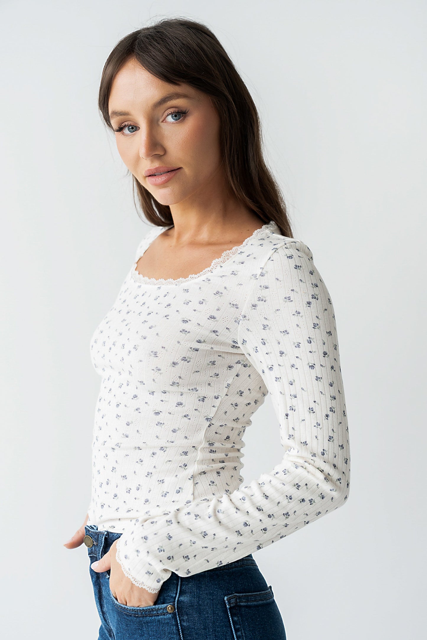 Archie Floral Top in Navy