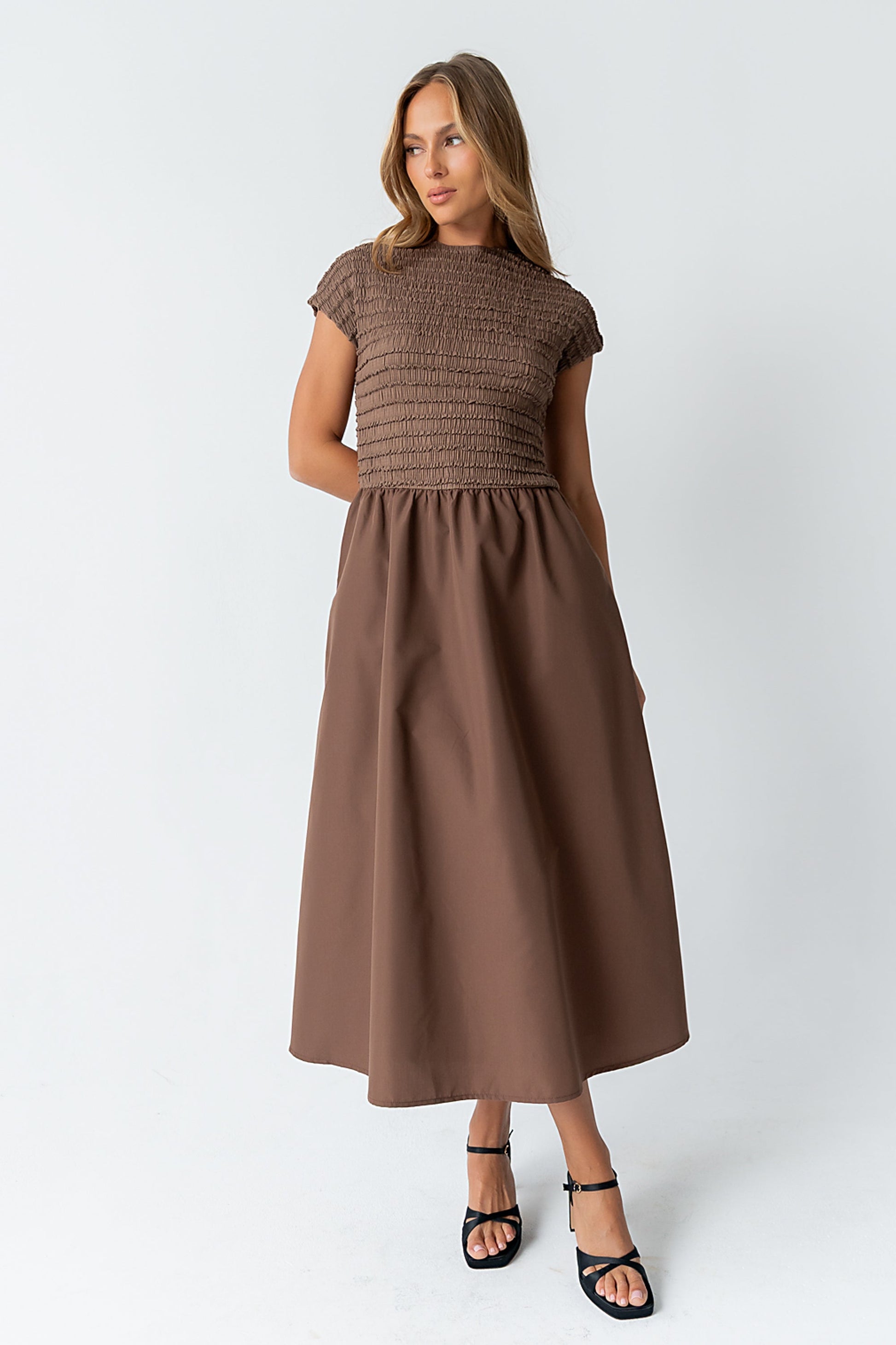 Lorie Mixed Media Maxi Dress in Brown