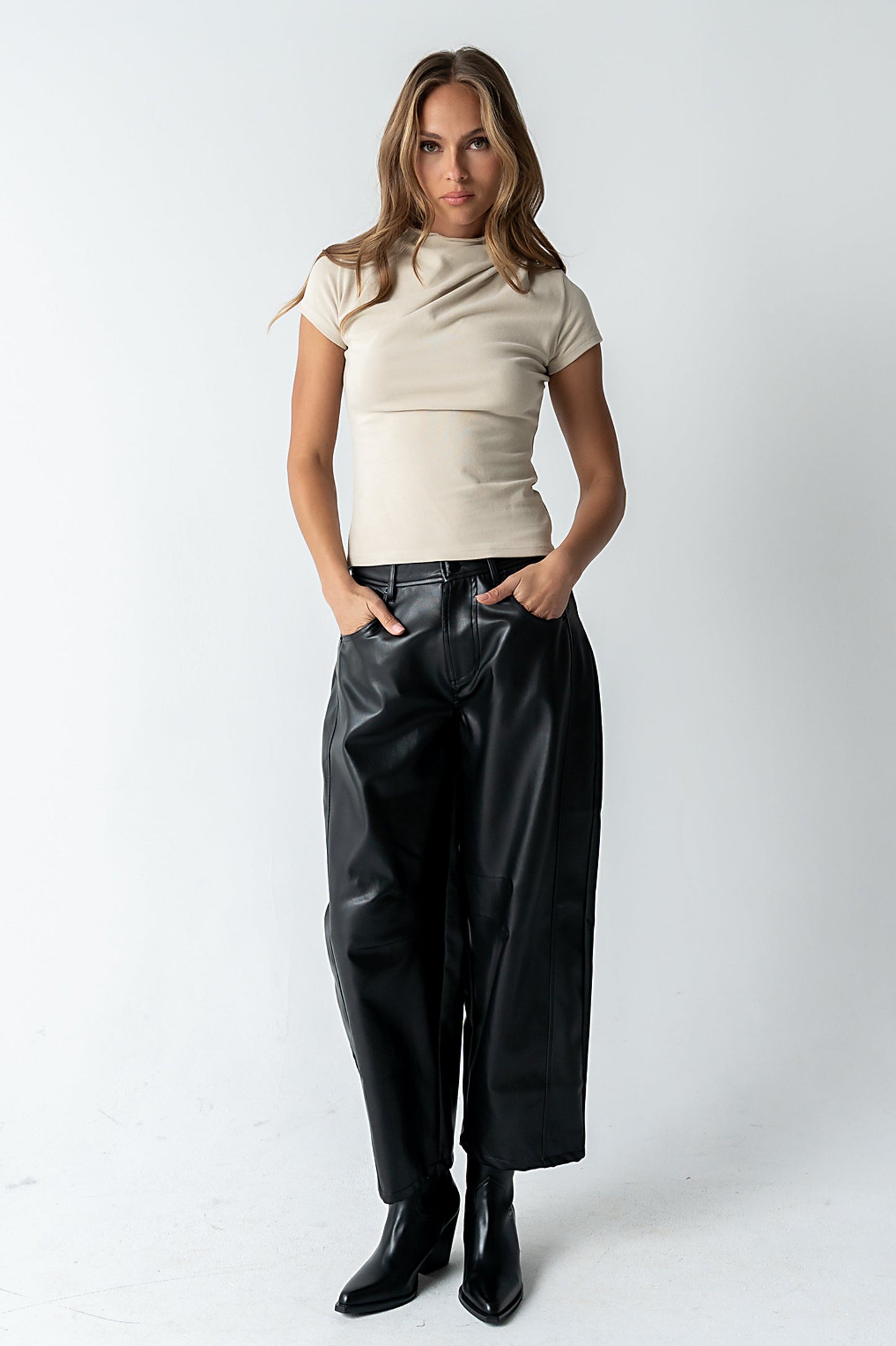 Langston Vegan Leather Barrel Jeans in Black - FINAL SALE
