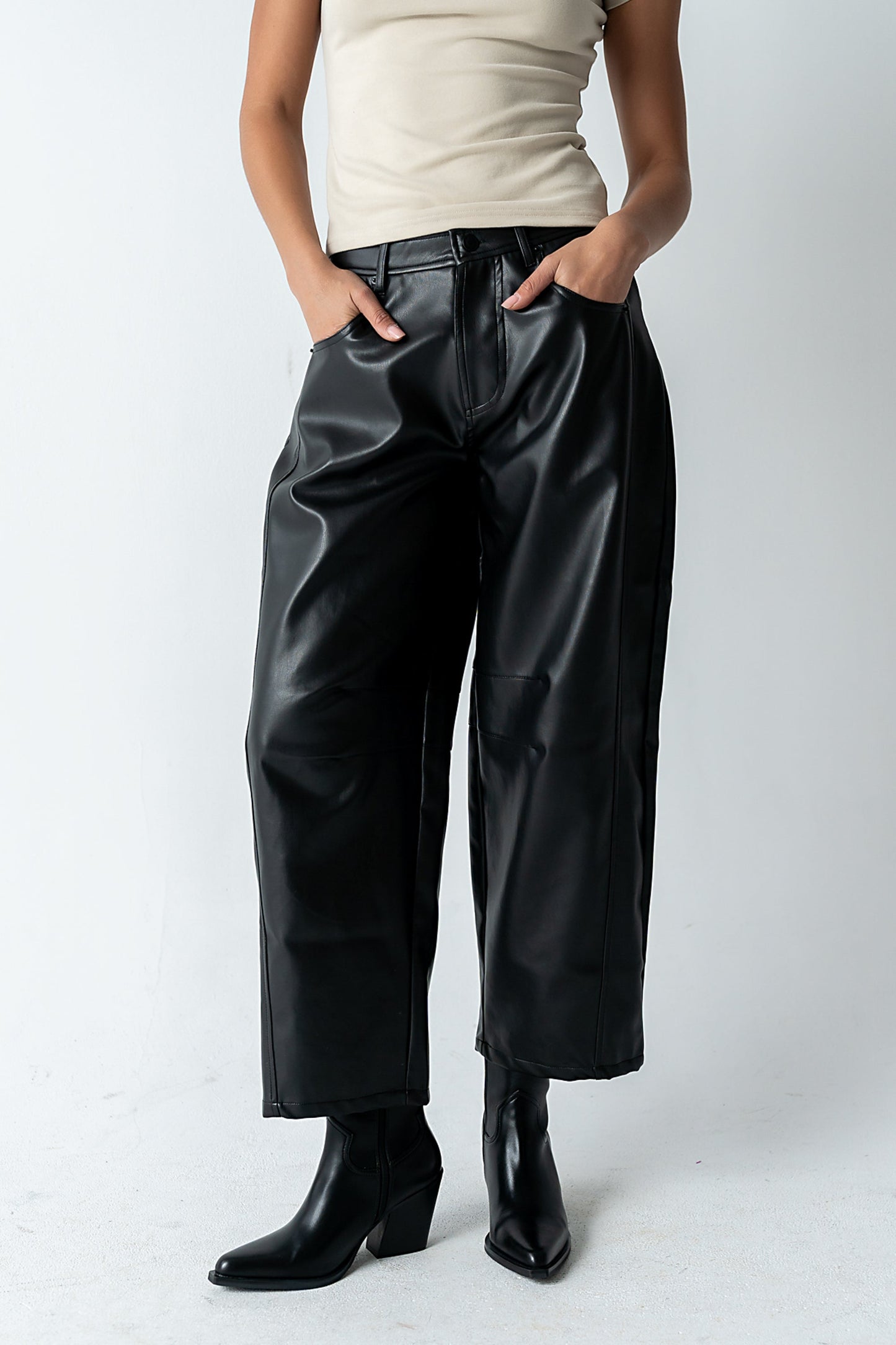 Langston Vegan Leather Barrel Jeans in Black - FINAL SALE