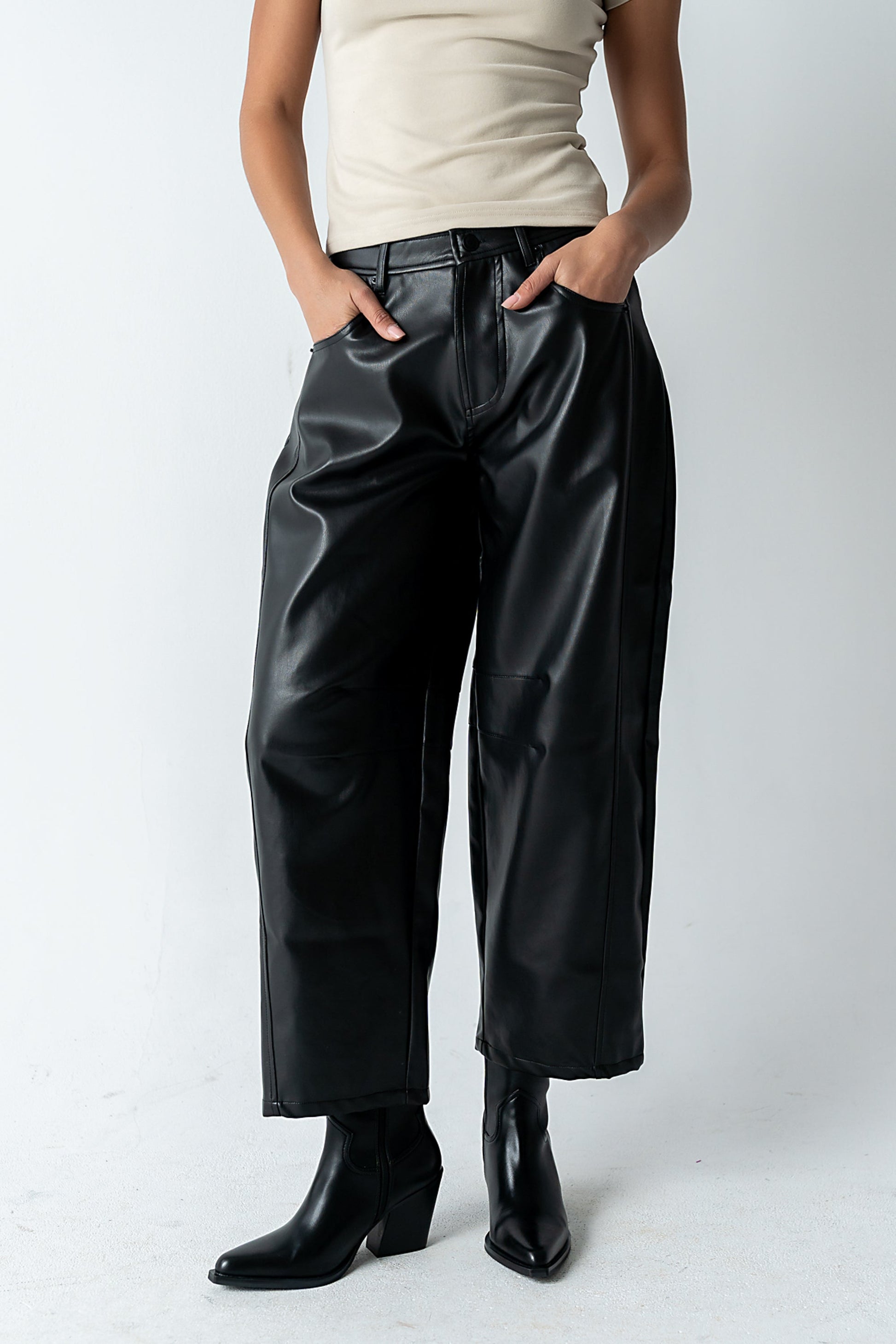 Langston Vegan Leather Barrel Jeans in Black - FINAL SALE