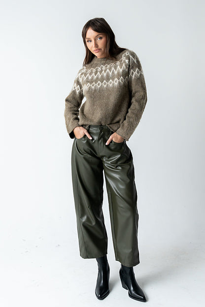Langston Vegan Leather Barrel Jeans in Olive