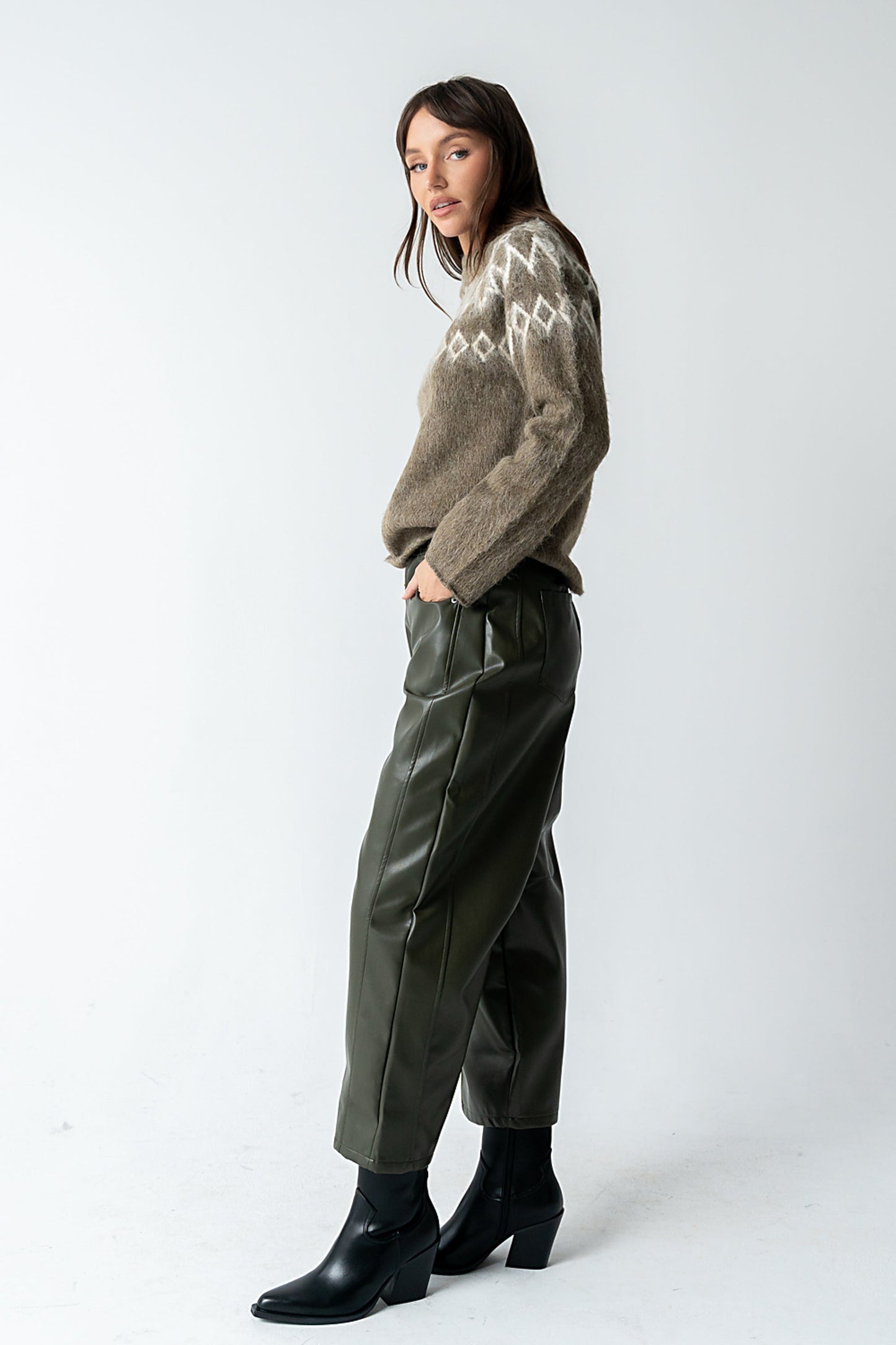 Langston Vegan Leather Barrel Jeans in Olive