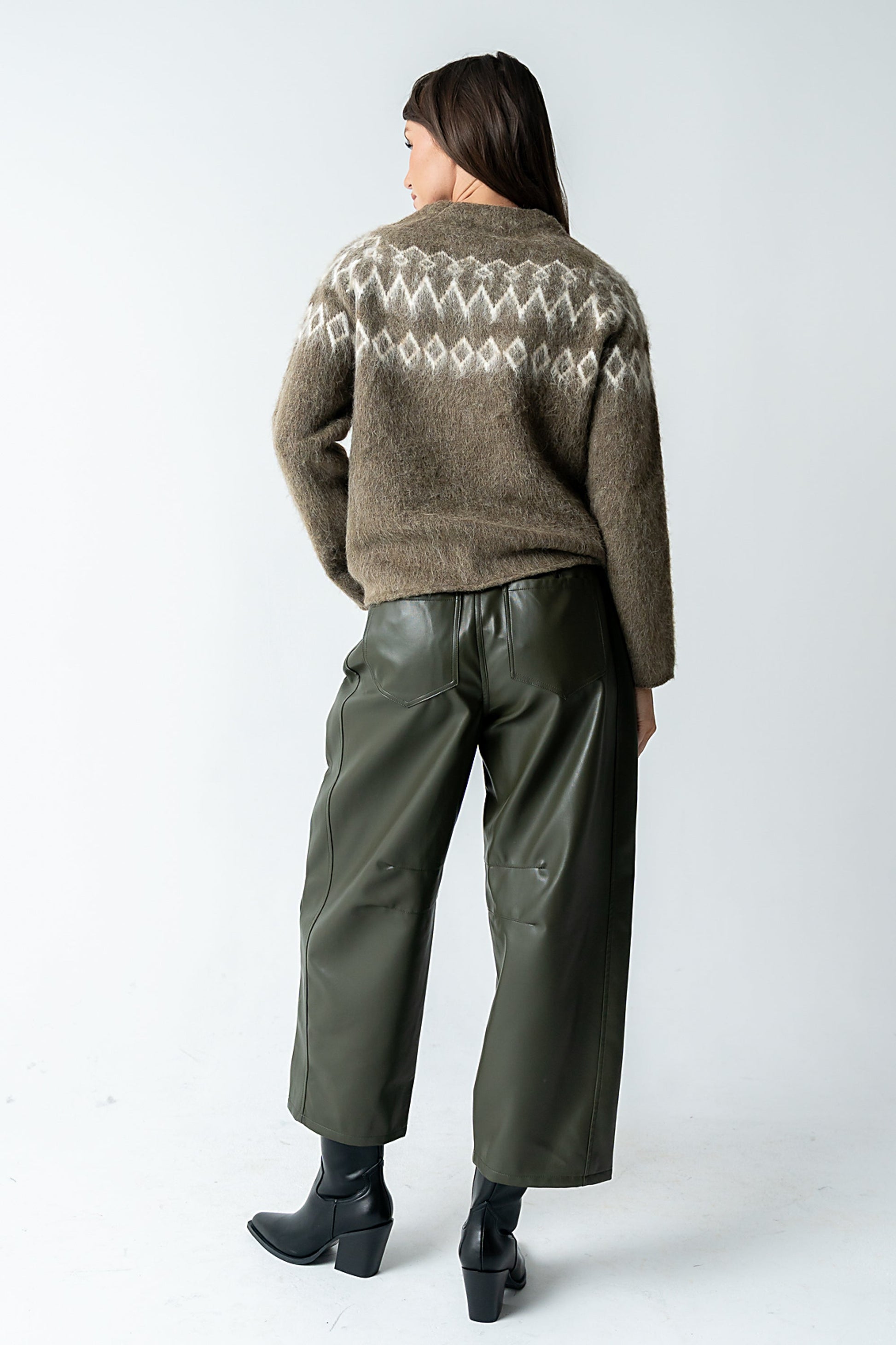 Langston Vegan Leather Barrel Jeans in Olive