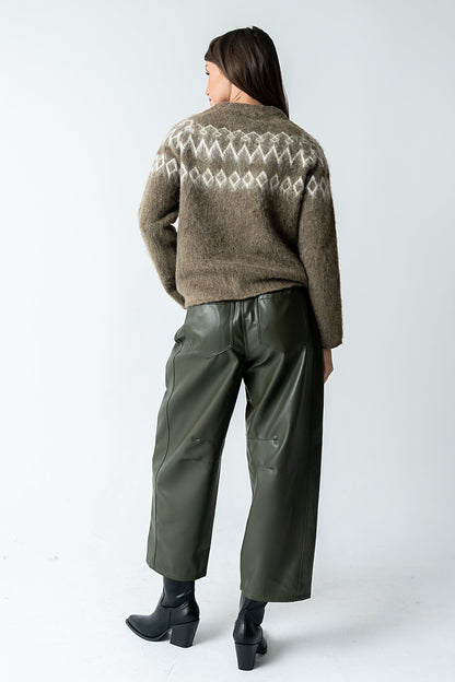 Langston Vegan Leather Barrel Jeans in Olive