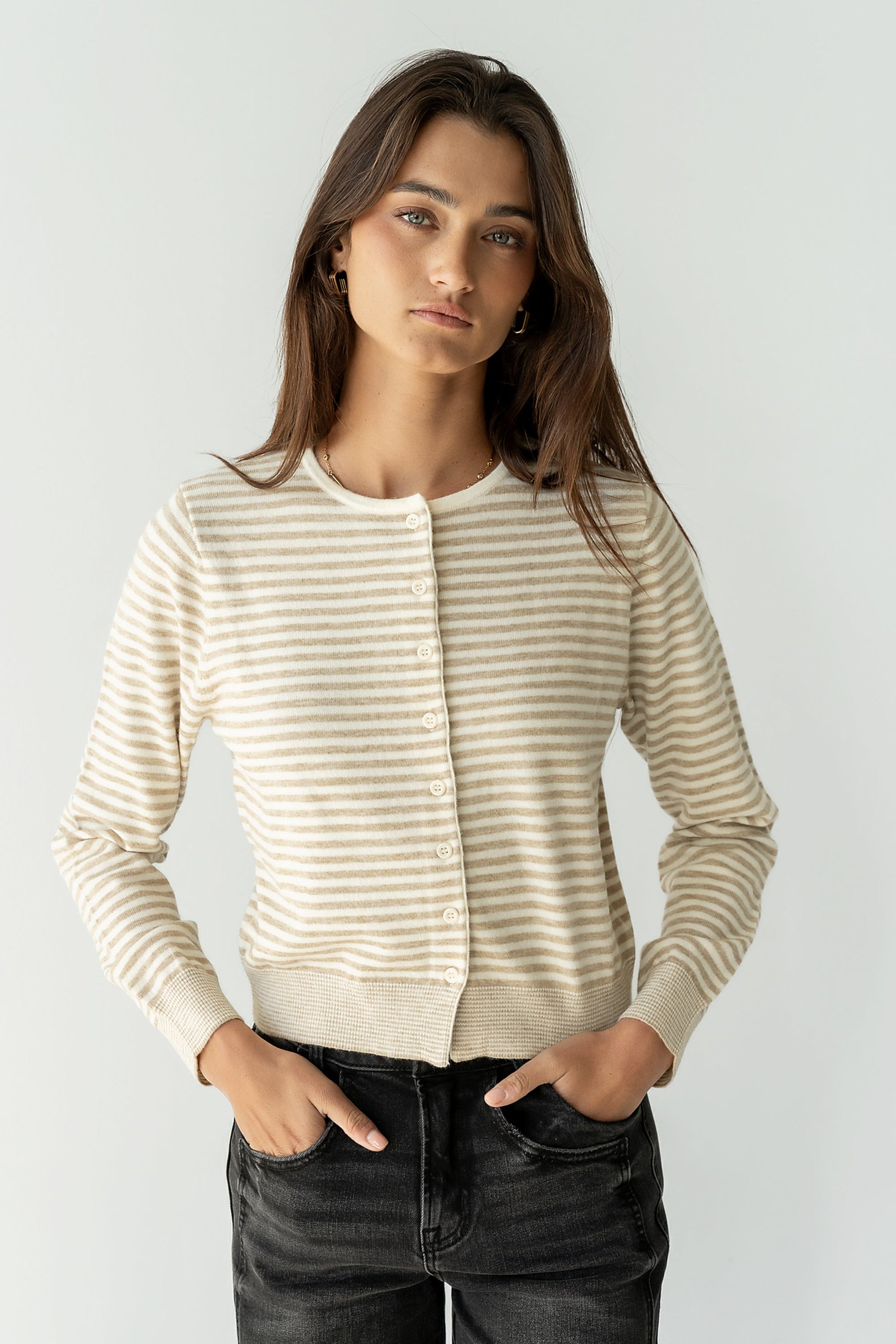 Edesse Striped Cardigan in Taupe