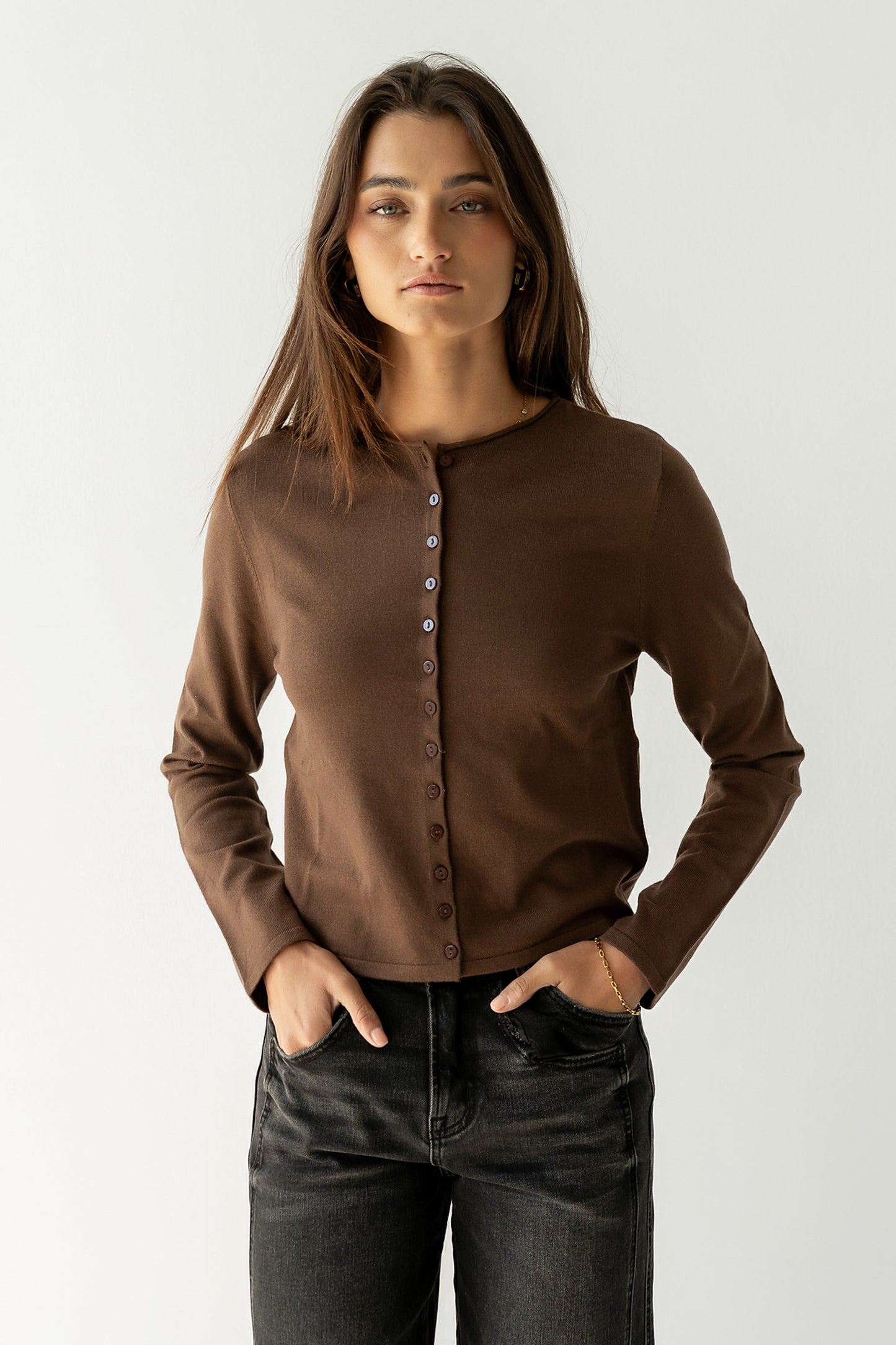 Maddy Button Up Cardigan in Brown