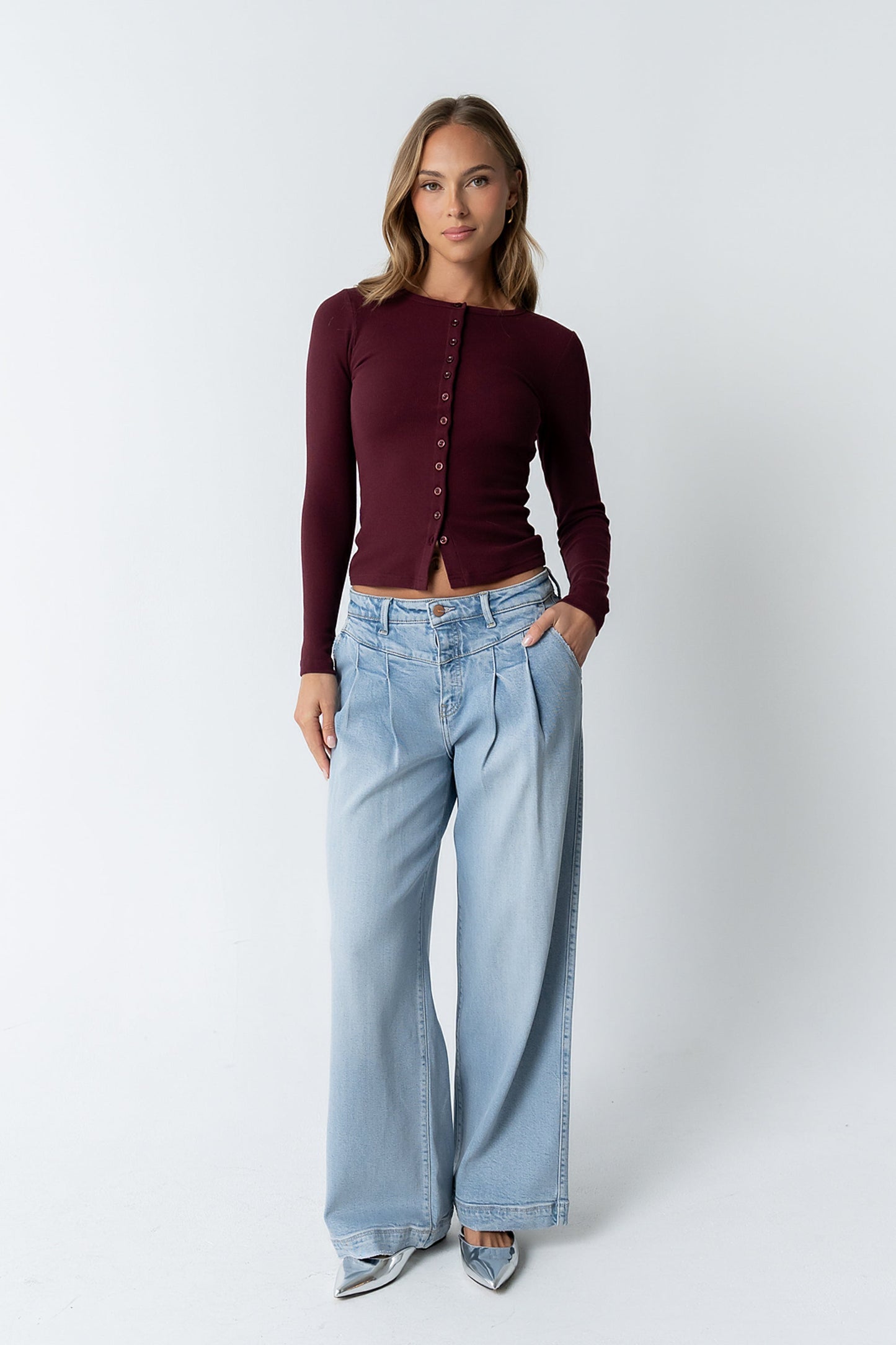 Mia Button Up Top in Burgundy