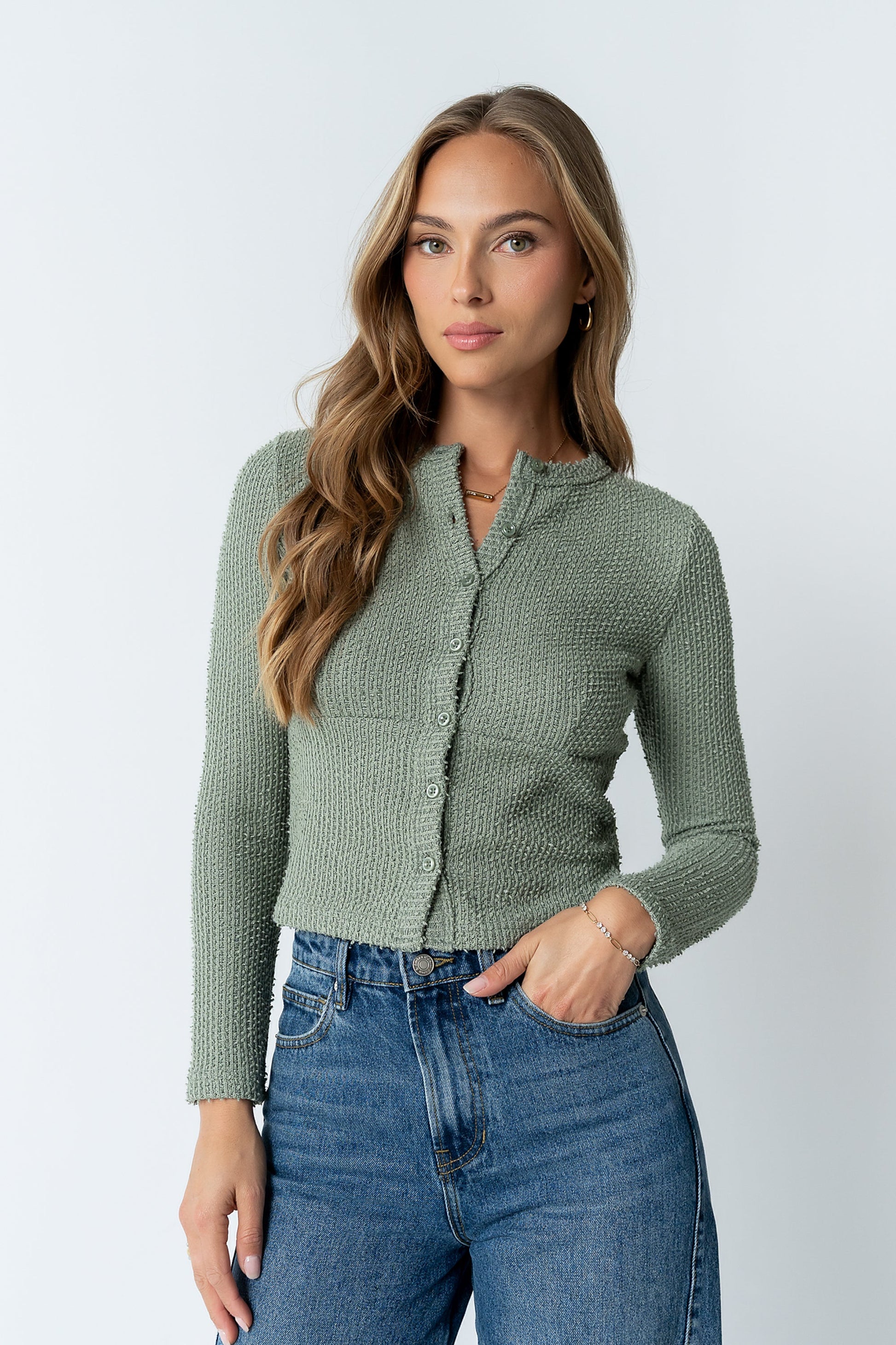 Mindy Button Front Sweater in Green
