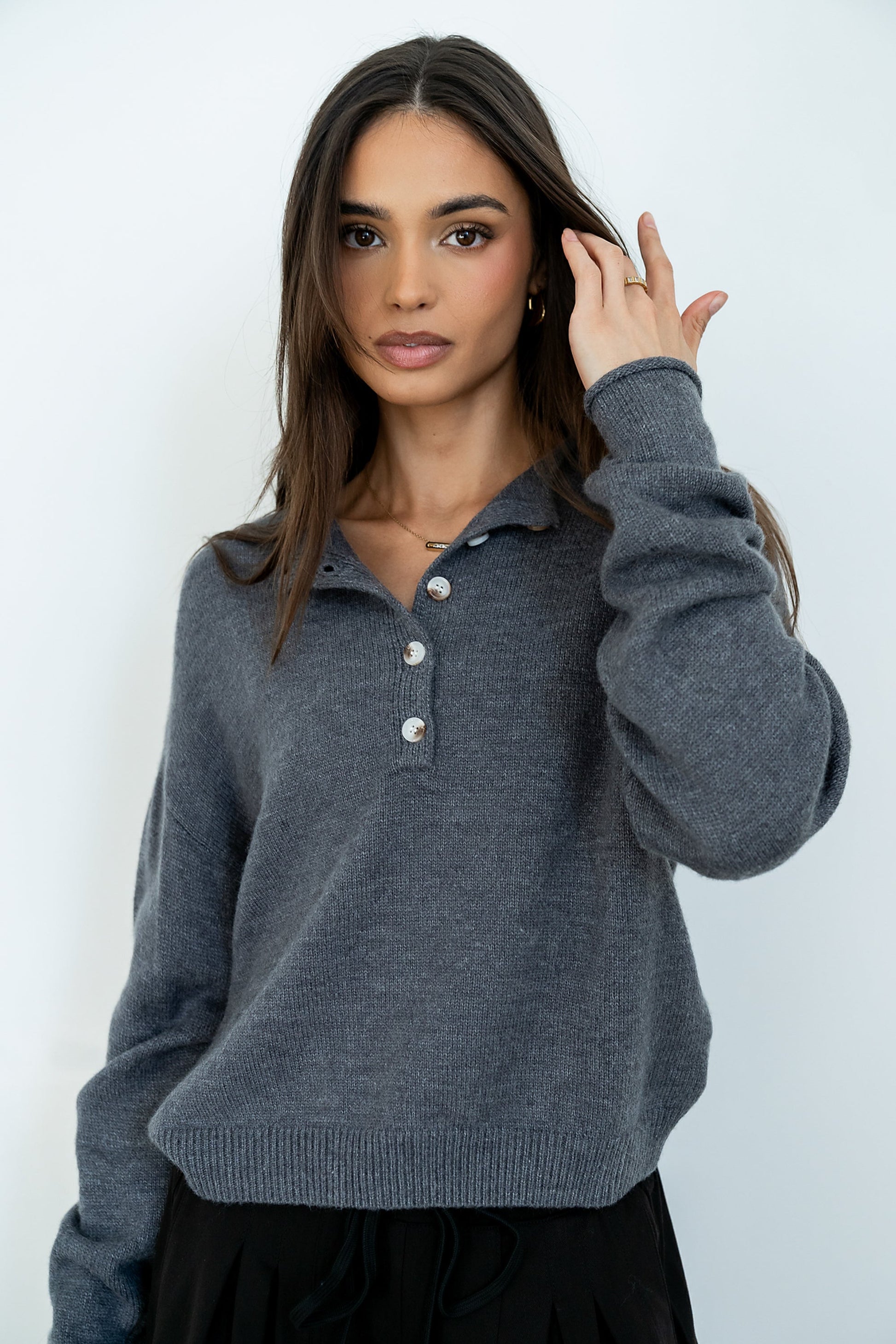 Meli Button Front Knit Sweater in Grey