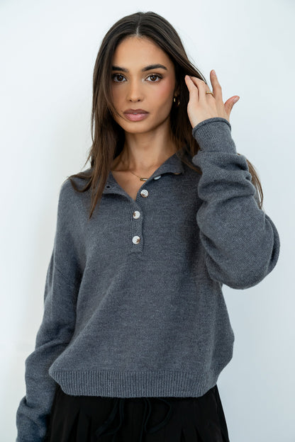 Meli Button Front Knit Sweater in Grey