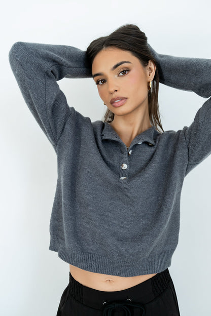 Meli Button Front Knit Sweater in Grey