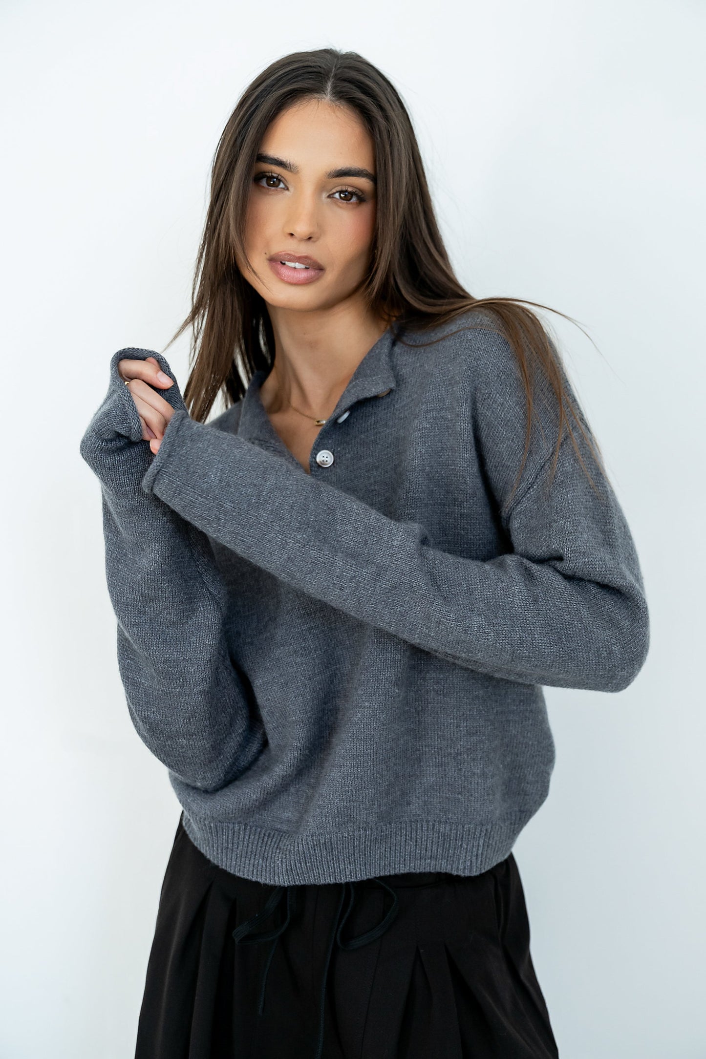 Meli Button Front Knit Sweater in Grey