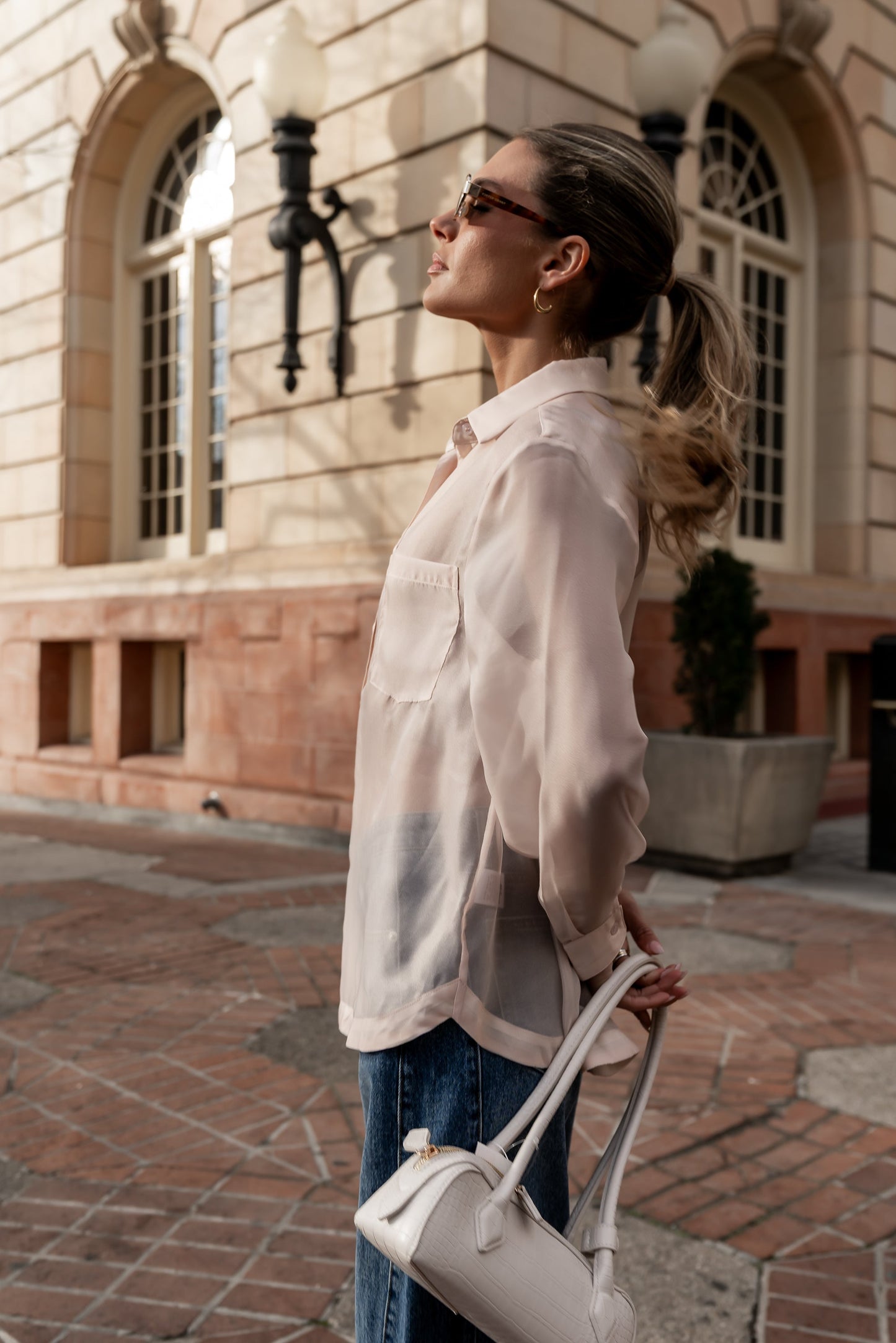 Liberty Sheer Button Up Blouse in Blush
