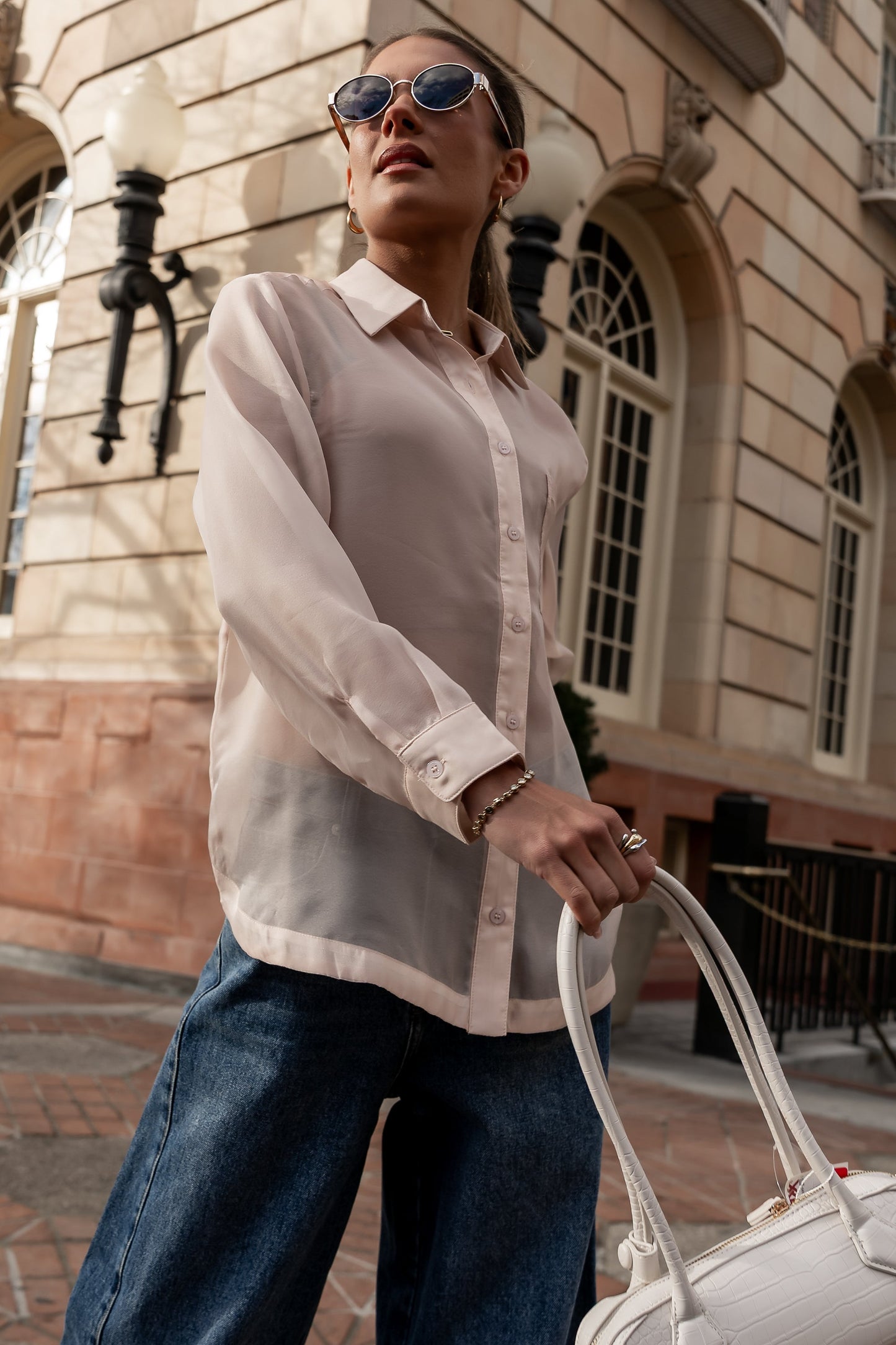 Liberty Sheer Button Up Blouse in Blush