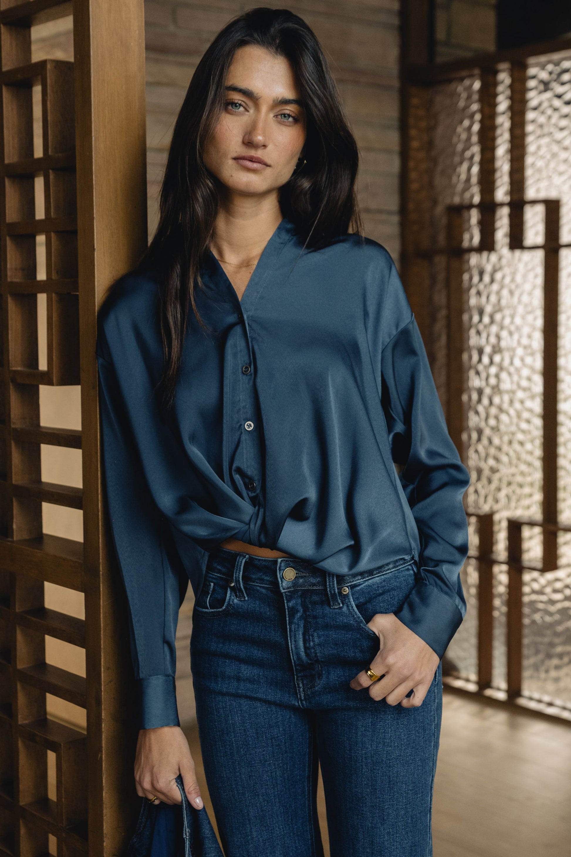 Margaret Twist Button Up in Blue