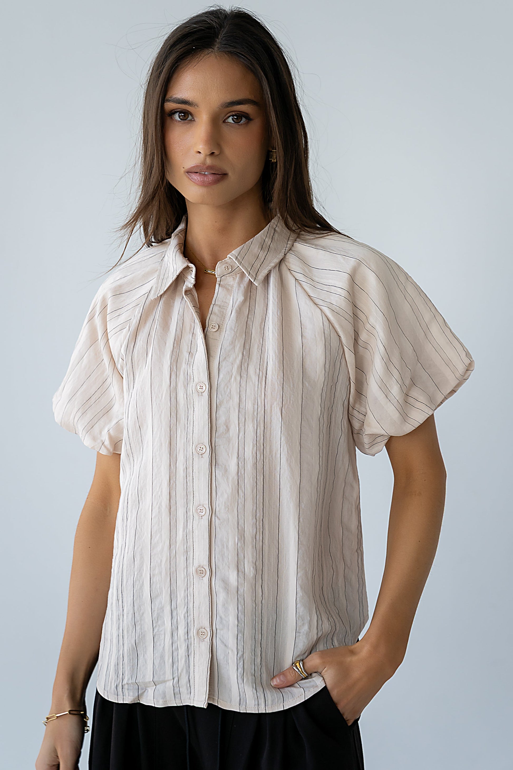 London Striped Button Up in Peach