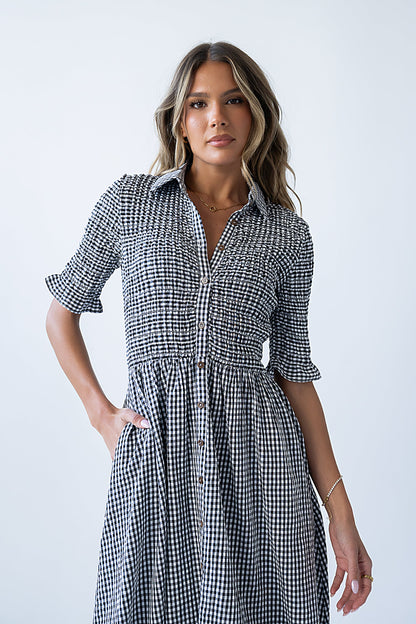 Jonas Gingham Midi Dress in Black