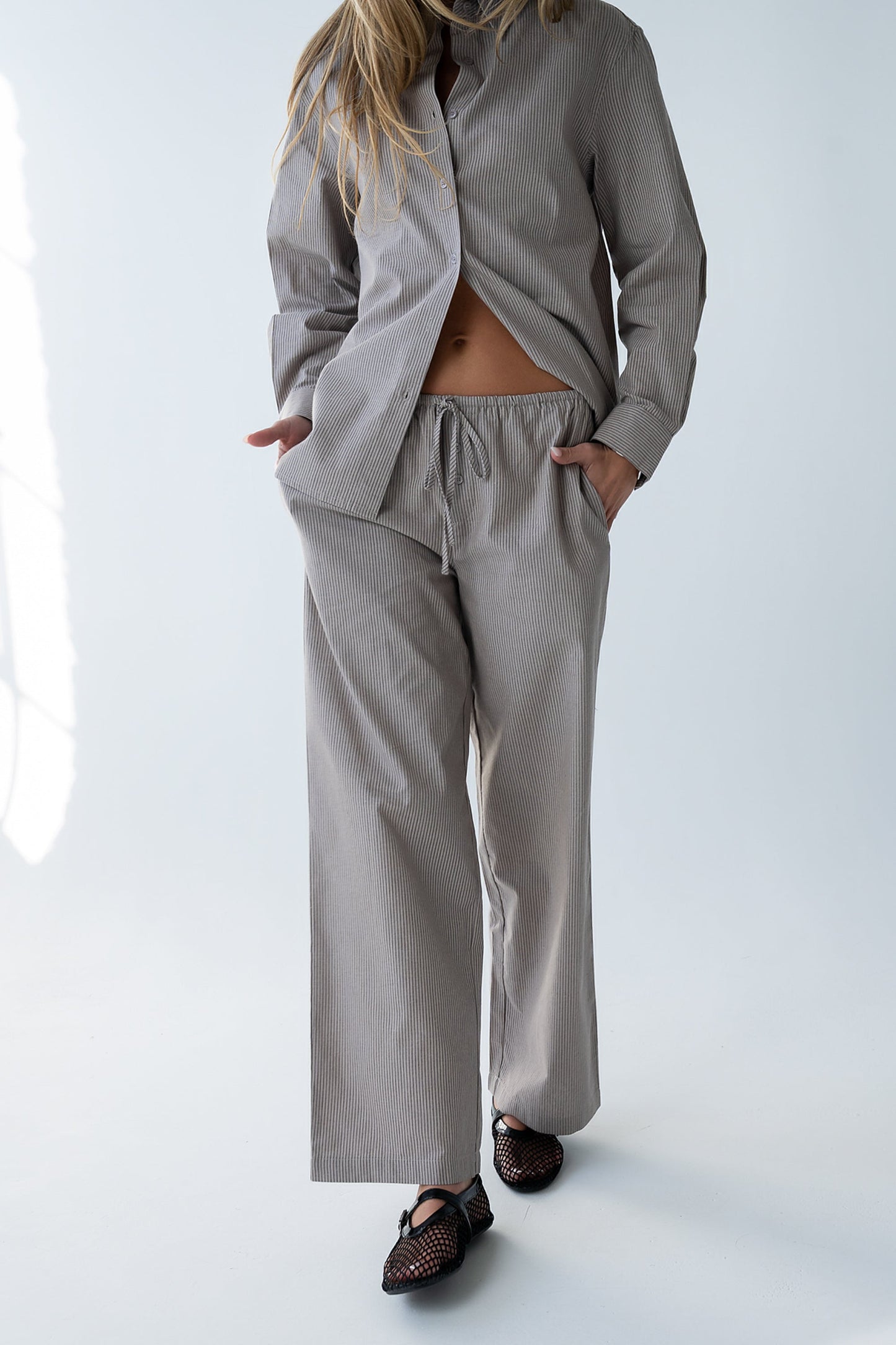 Hailey Striped Baggy Pants in Beige