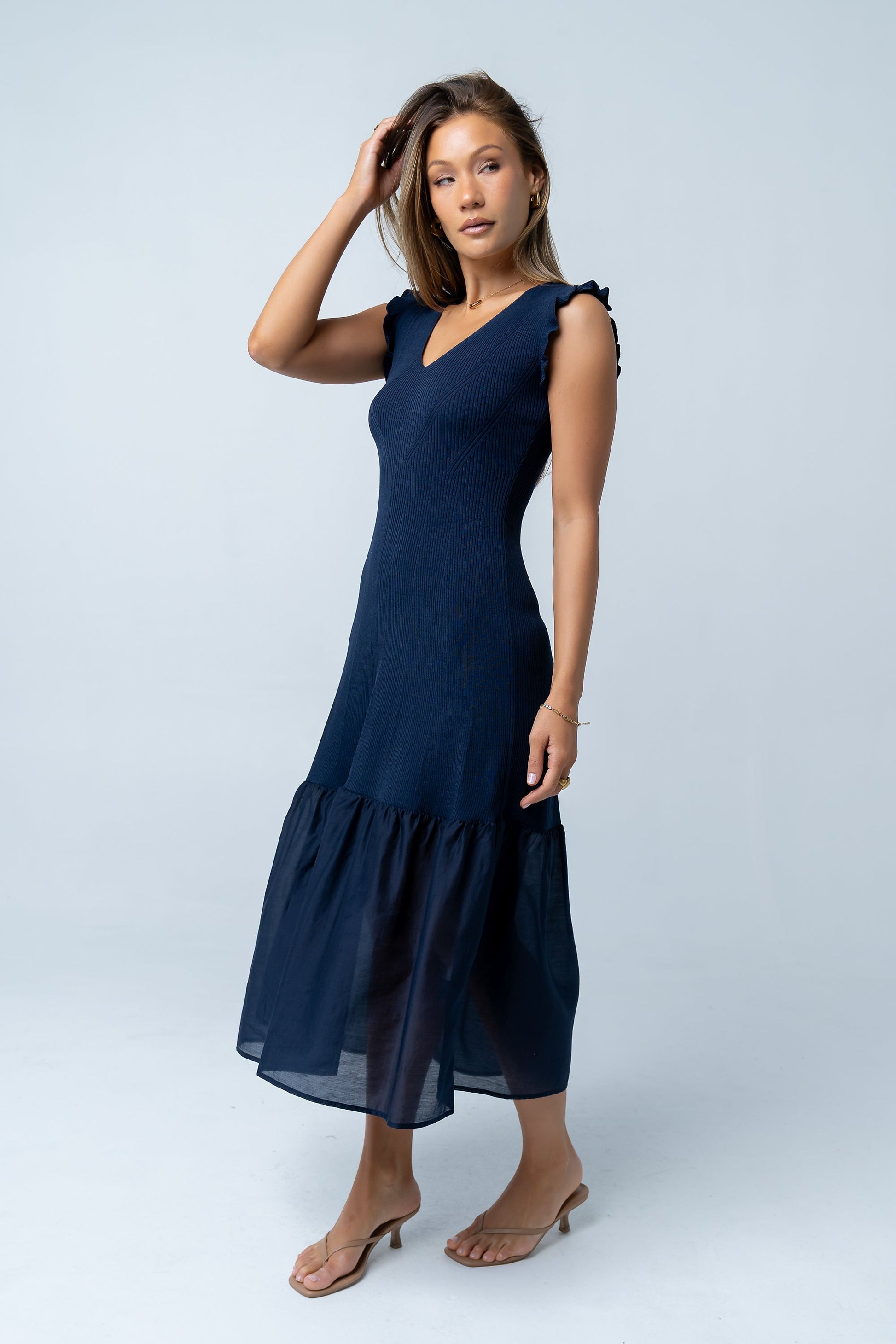 Lara Ribbed Midi Dress in Navy