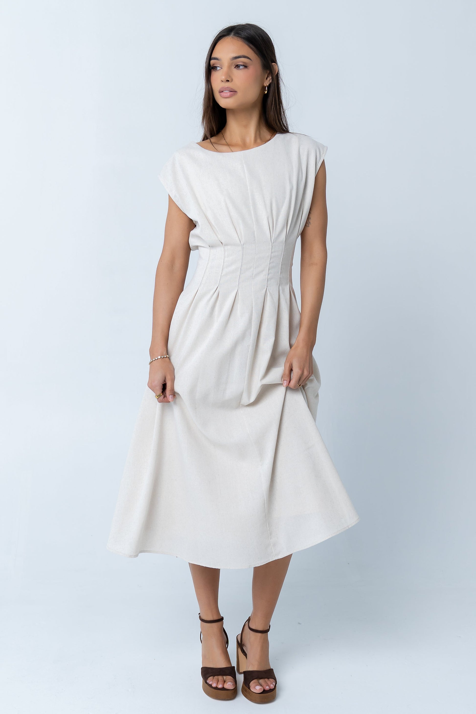 Matilda Pleated Maxi Dress in Oatmeal