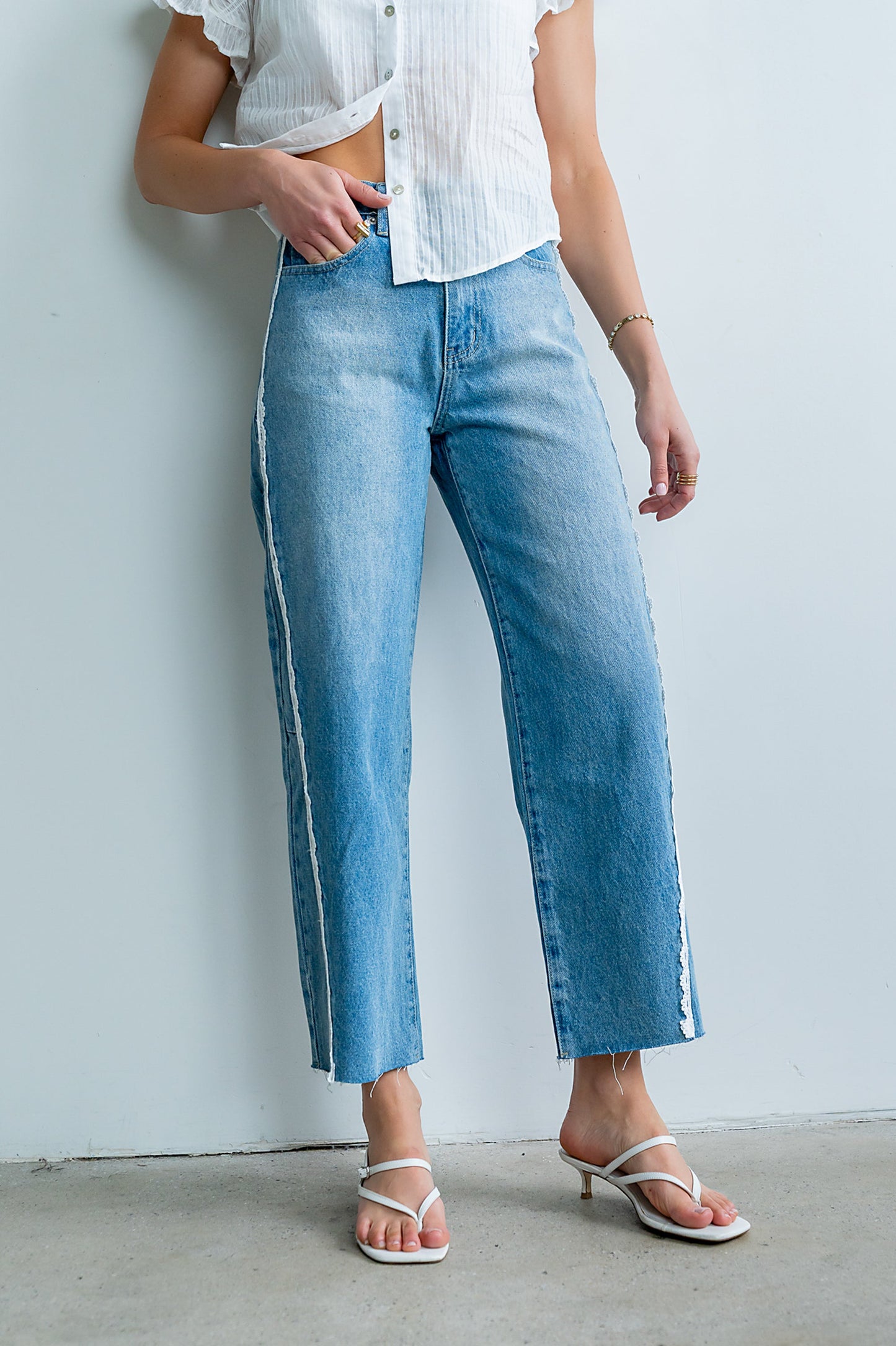 Adeline Lace Trim Barrel Jeans