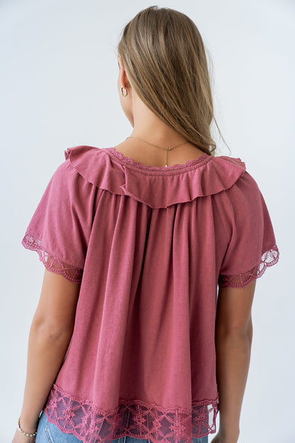 Lilian Lace Trim Top in Berry