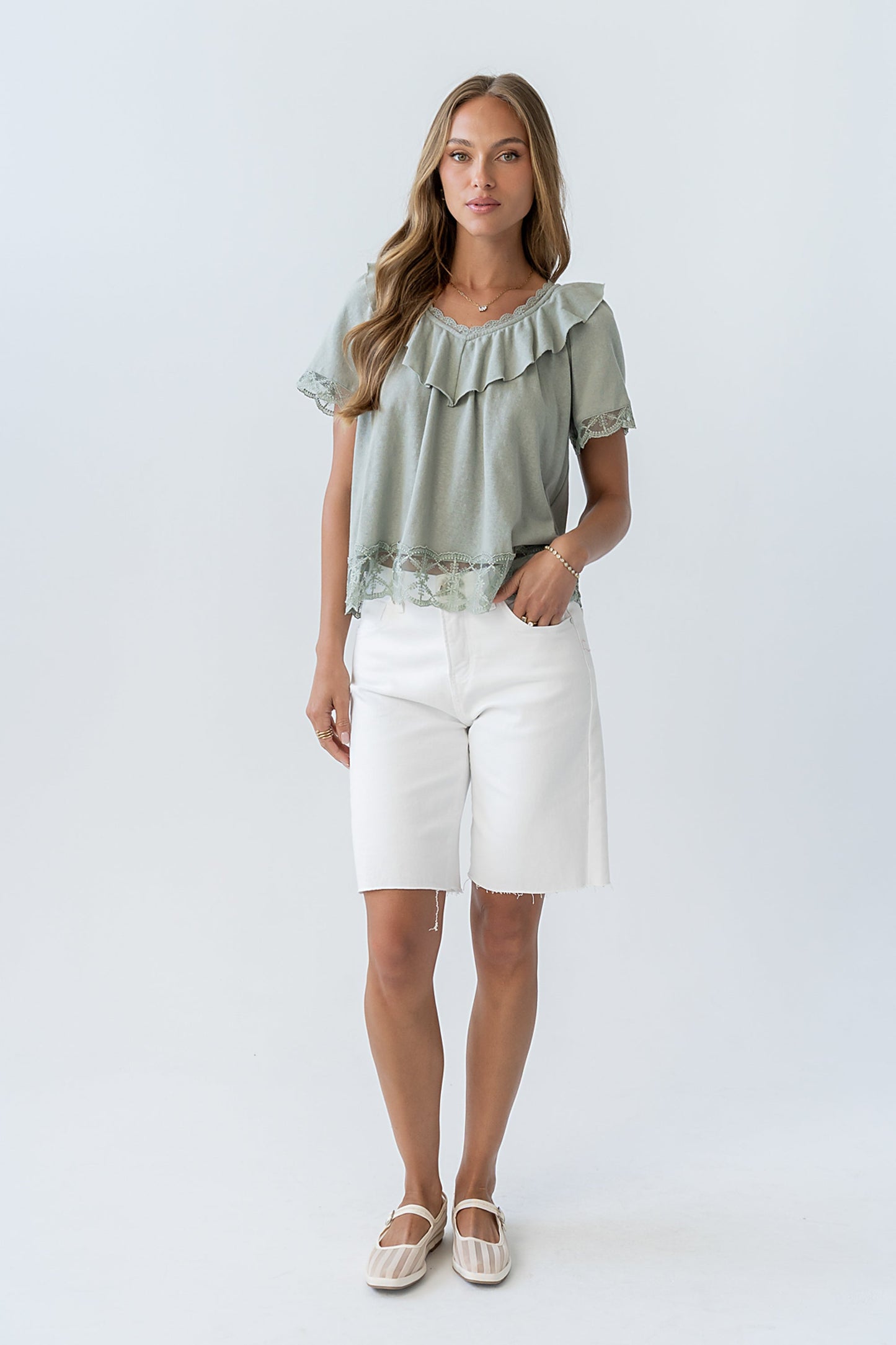 Lilian Lace Trim Top in Sage