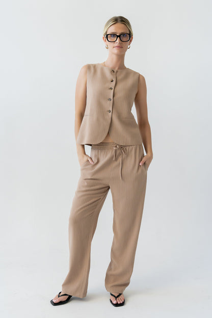 Vivienne Pinstripe Wide Leg Pants in Tan