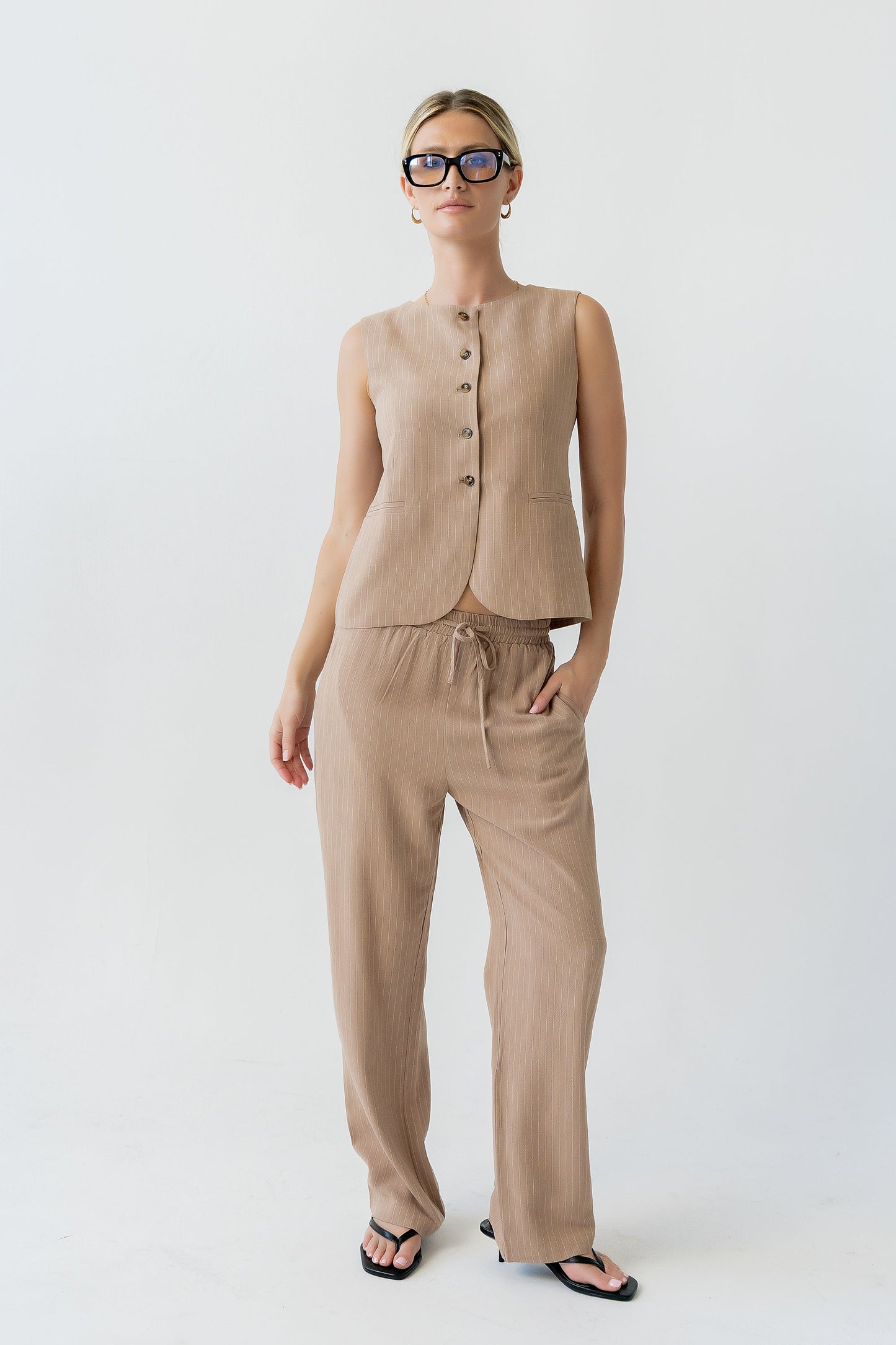 Vivienne Pinstripe Wide Leg Pants in Tan