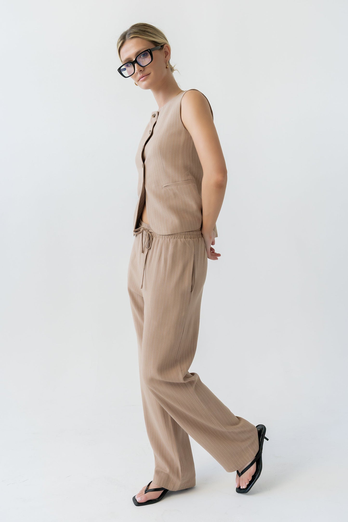 Vivienne Pinstripe Sleeveless Vest in Tan