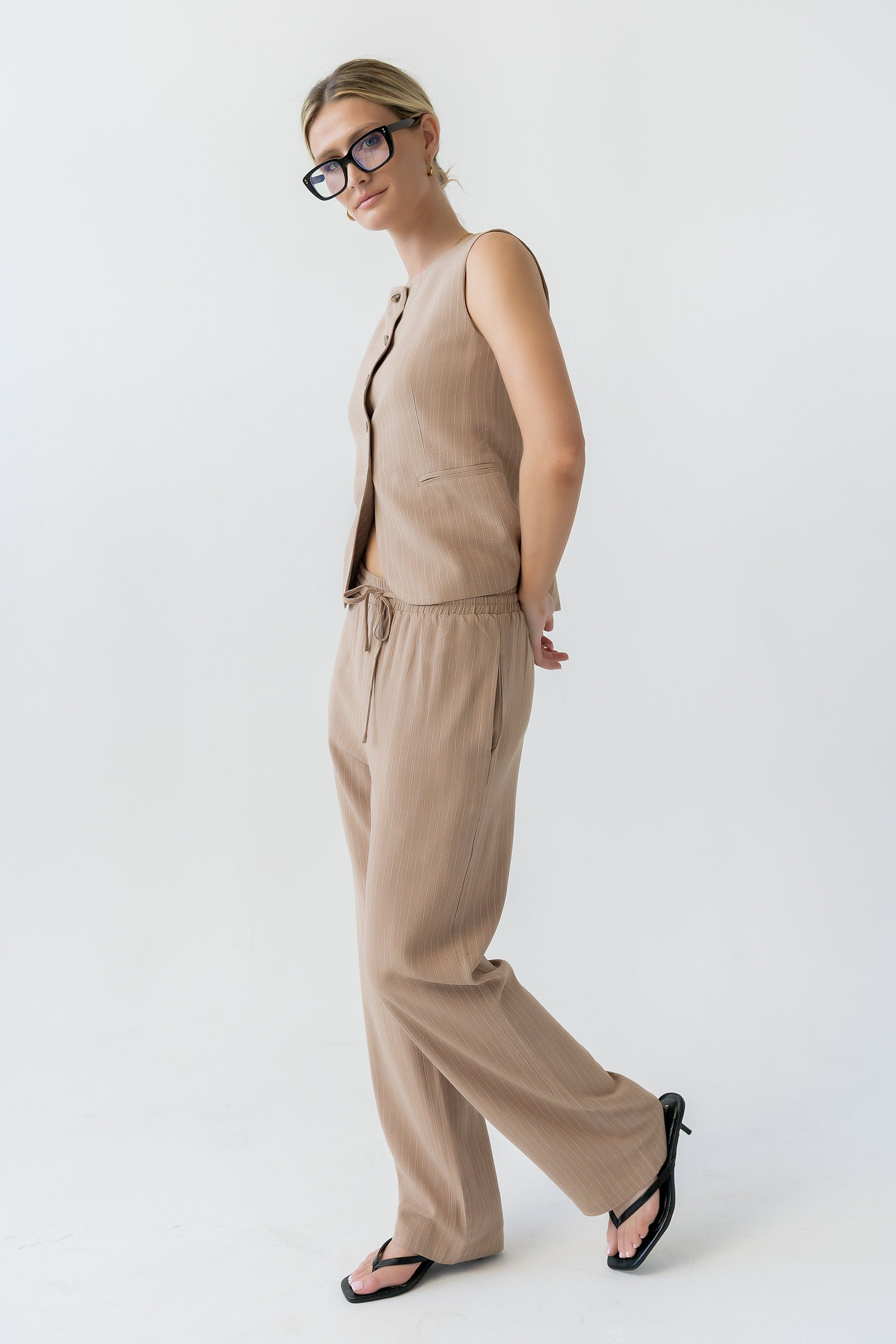 Vivienne Pinstripe Sleeveless Vest in Tan