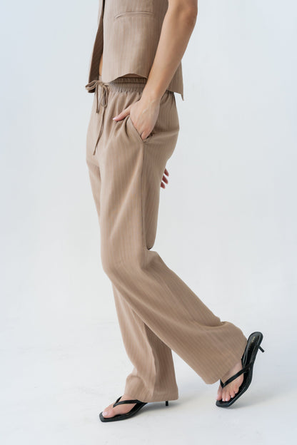 Vivienne Pinstripe Wide Leg Pants in Tan
