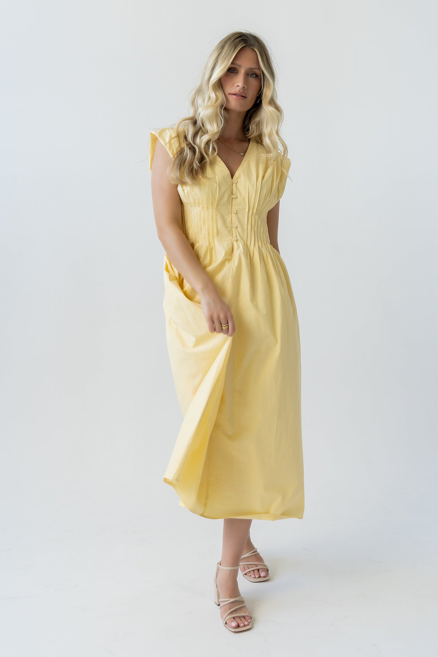 Barb Pleated Midi Dress in Yellow