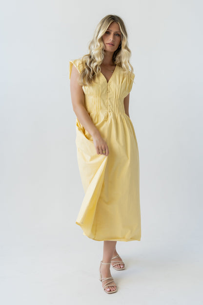 Barb Pleated Midi Dress in Yellow