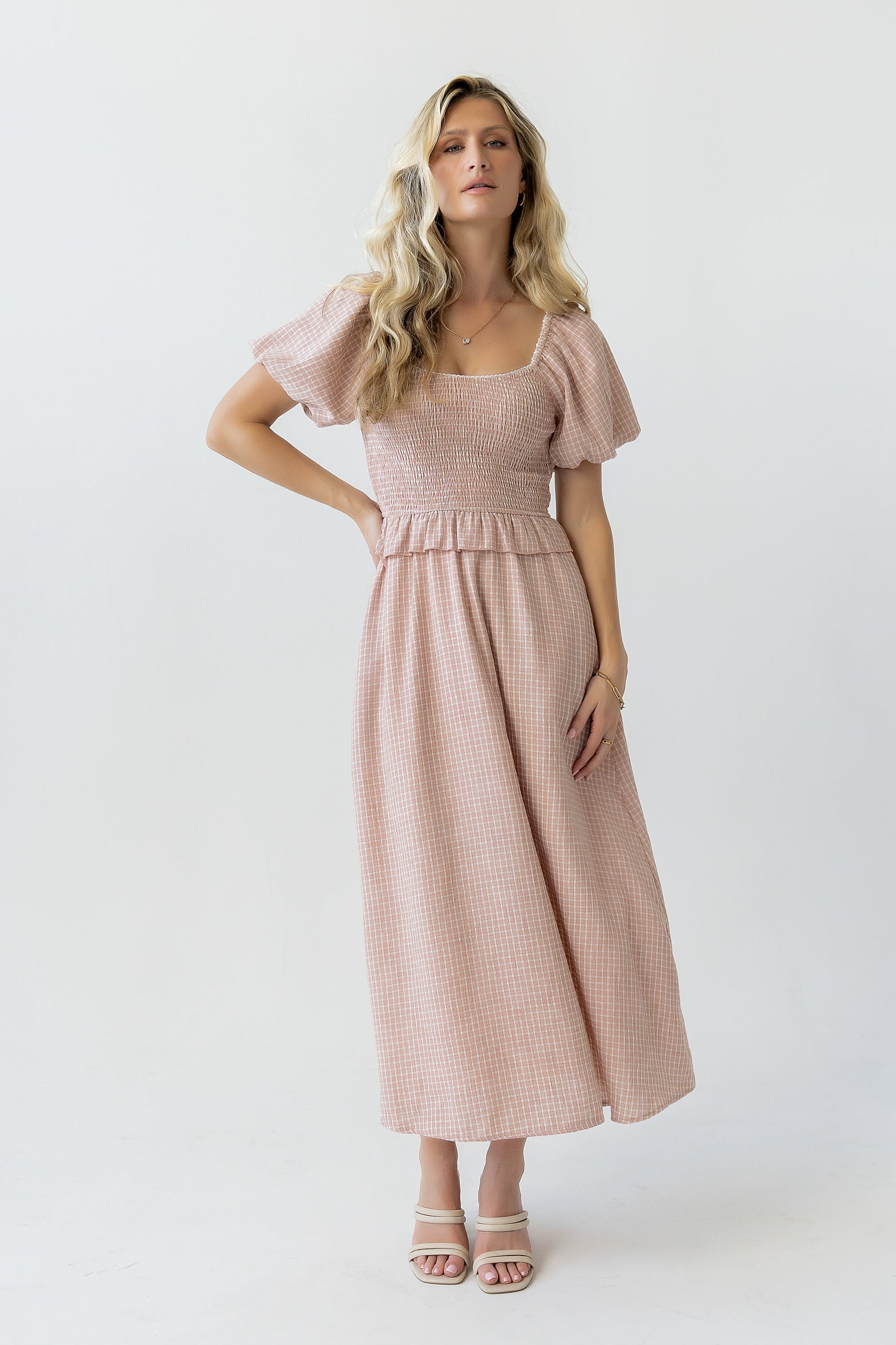 Renley Plaid Midi Dress in Clay