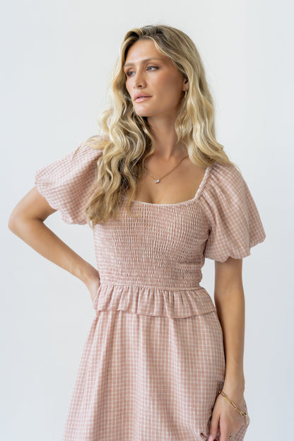 Renley Plaid Midi Dress in Clay