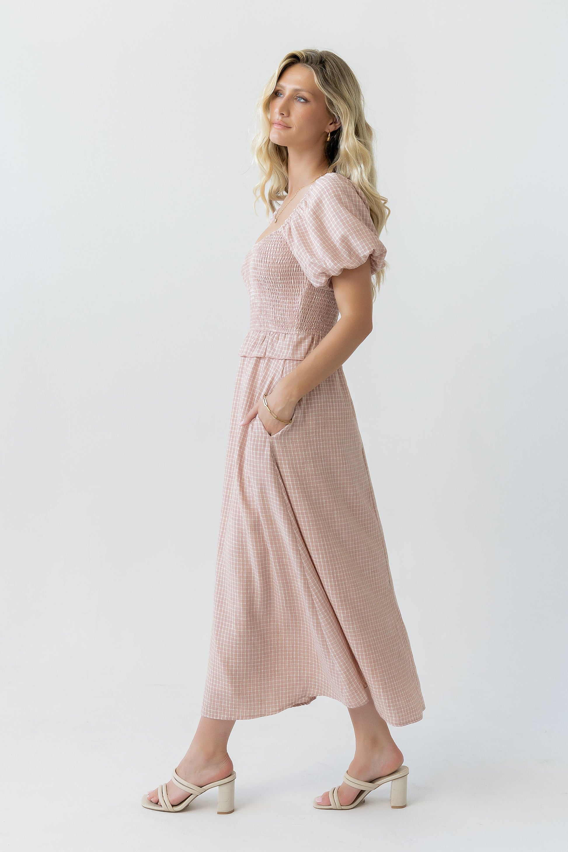 Renley Plaid Midi Dress in Clay