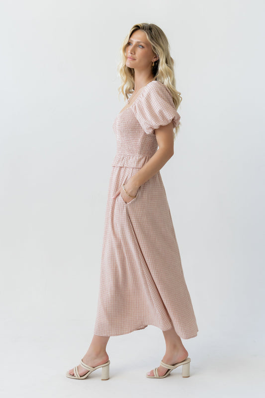 Renley Plaid Midi Dress in Clay