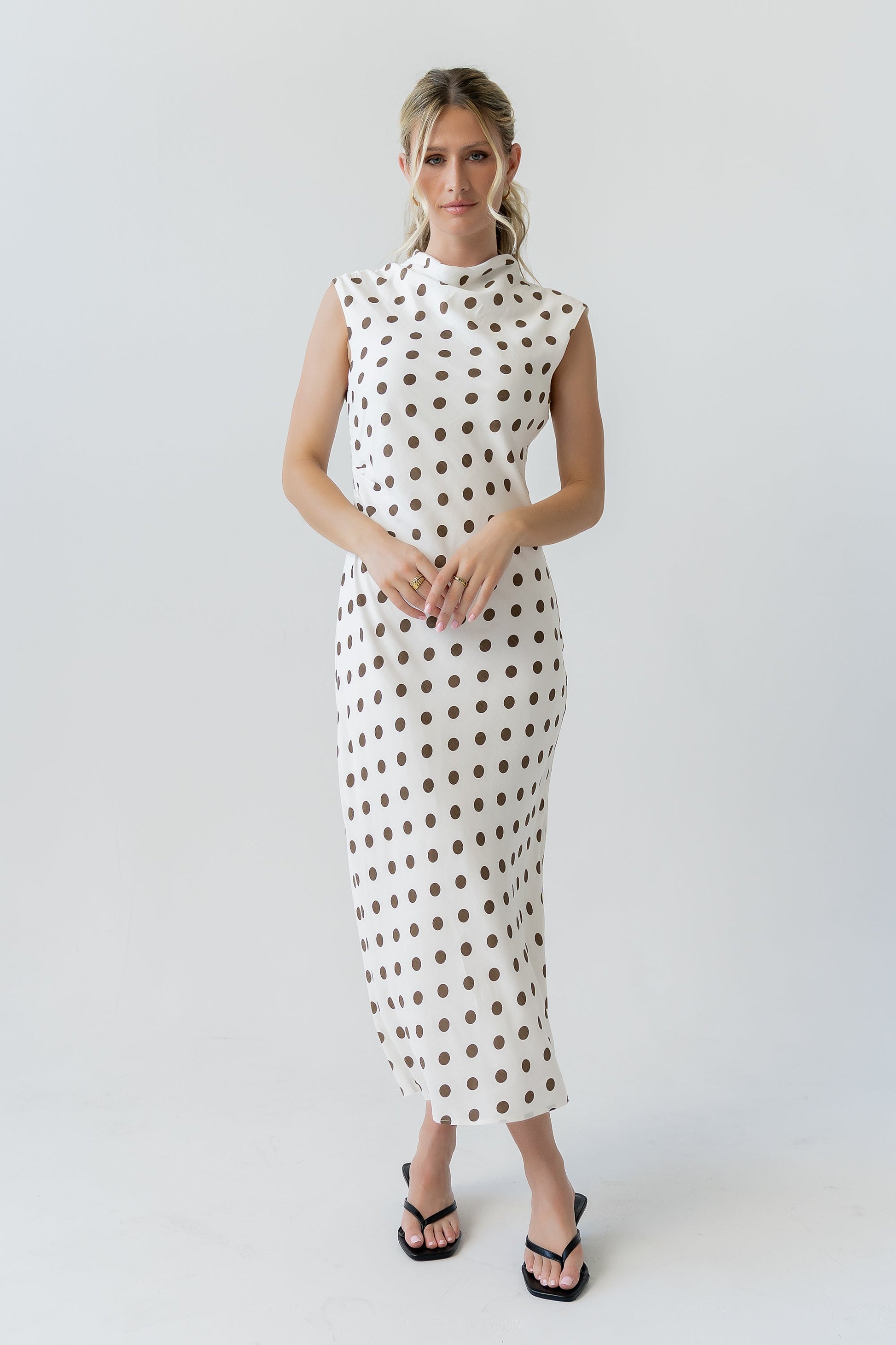 Tiffany Polka Dot Mock Neck Midi Dress