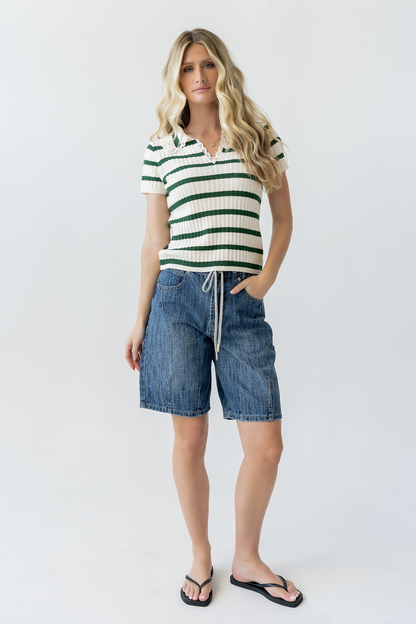 Tess Striped Collared Top in Green