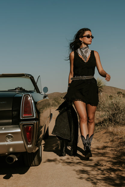 Quinny Lace Trim Mini Dress in Black