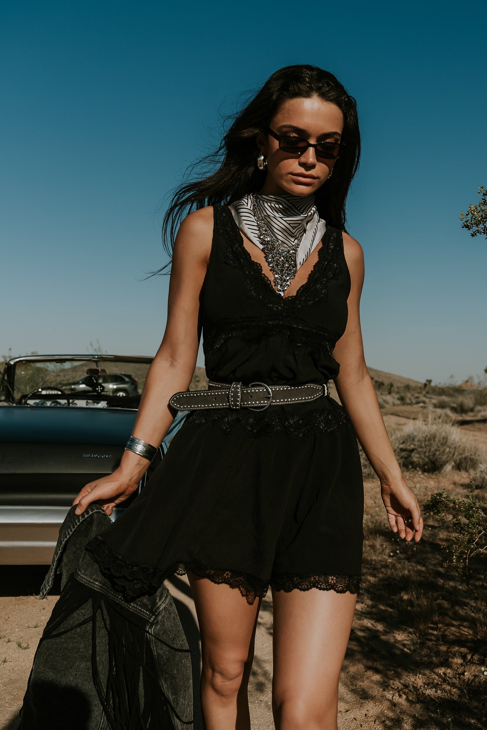 Quinny Lace Trim Mini Dress in Black