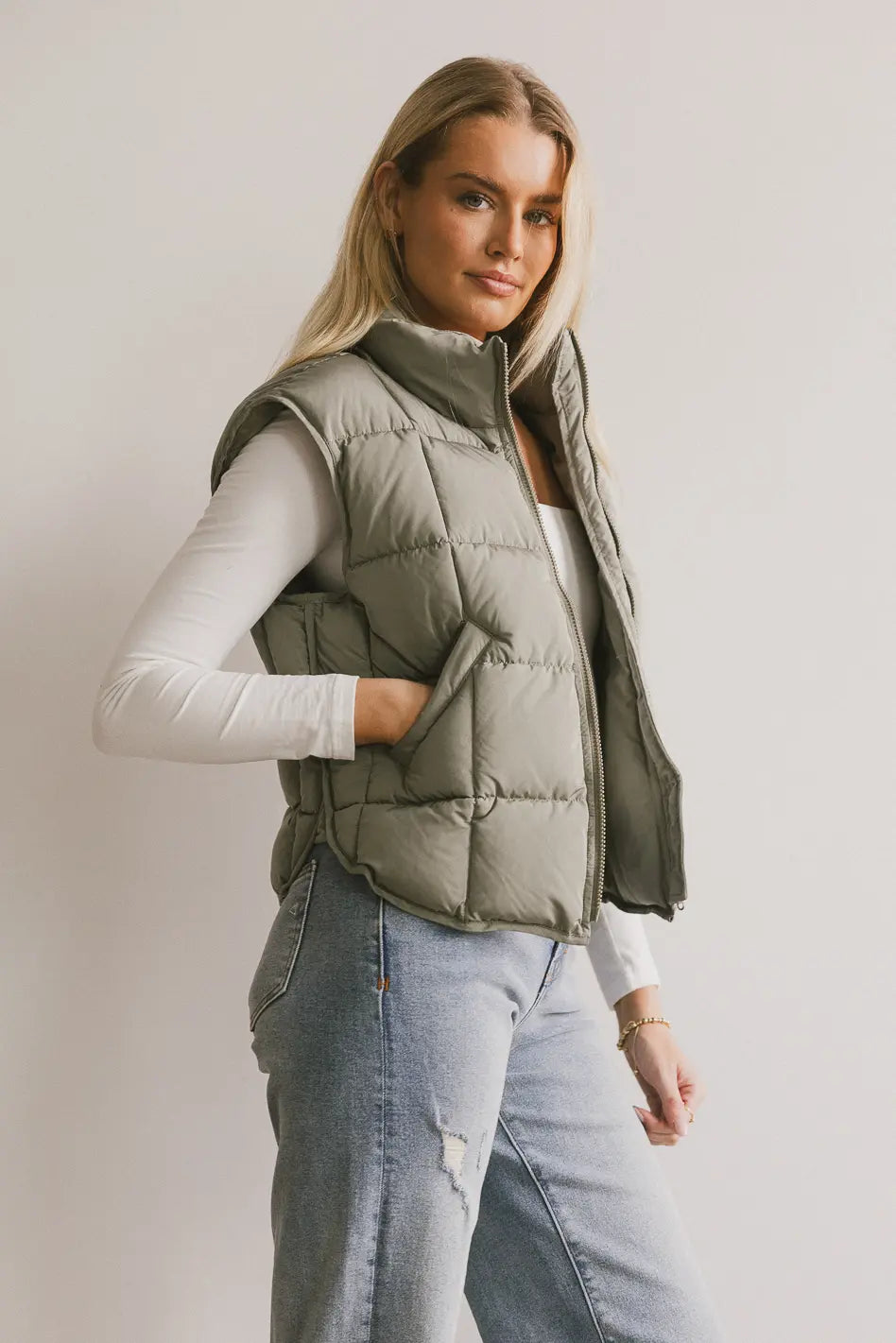 Bellese Quilted Puffer Vest in Olive - FINAL SALE