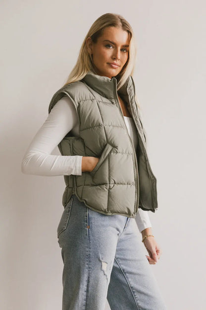 Bellese Quilted Puffer Vest in Olive - FINAL SALE