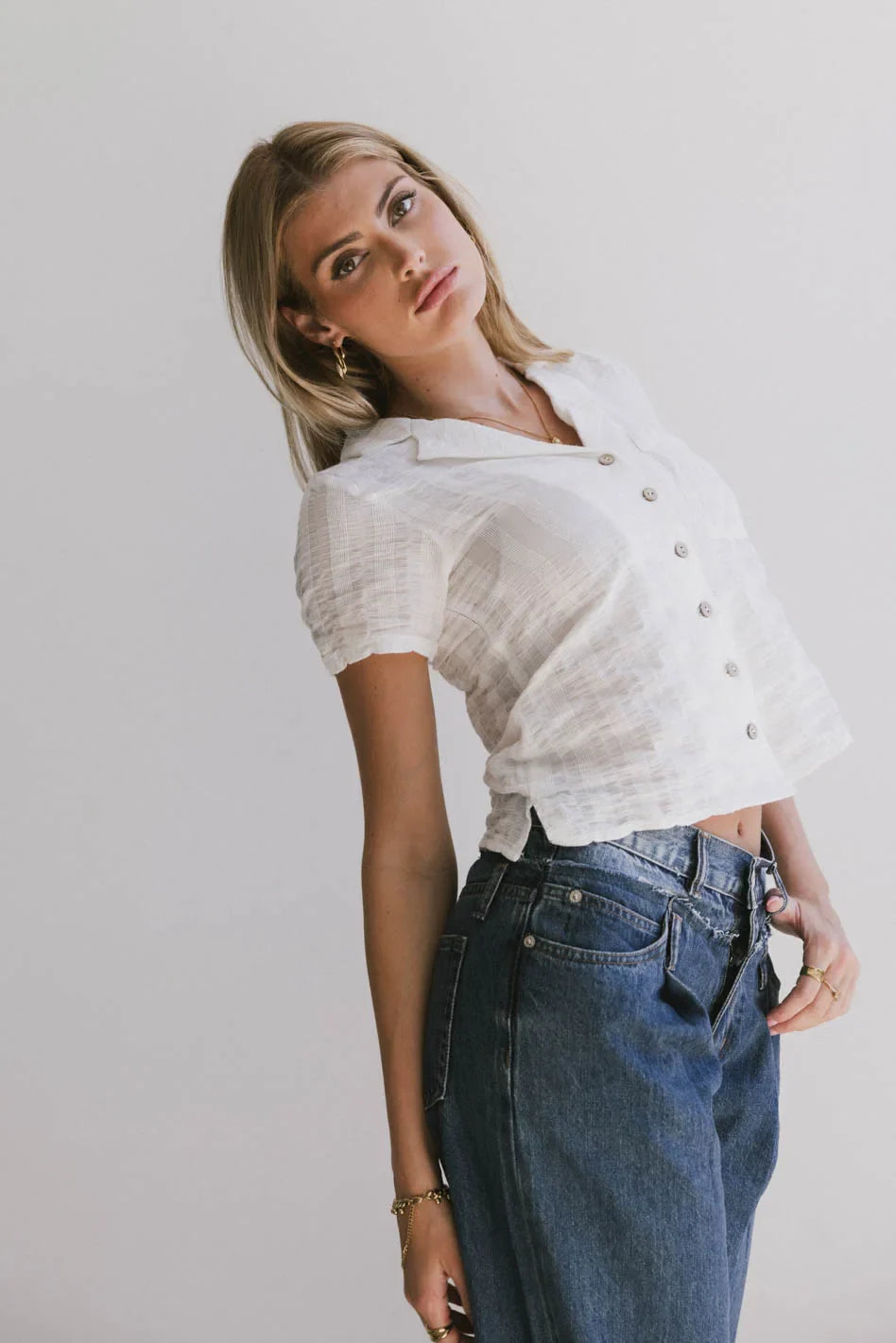 Berenice Textured Button Up in White - FINAL SALE