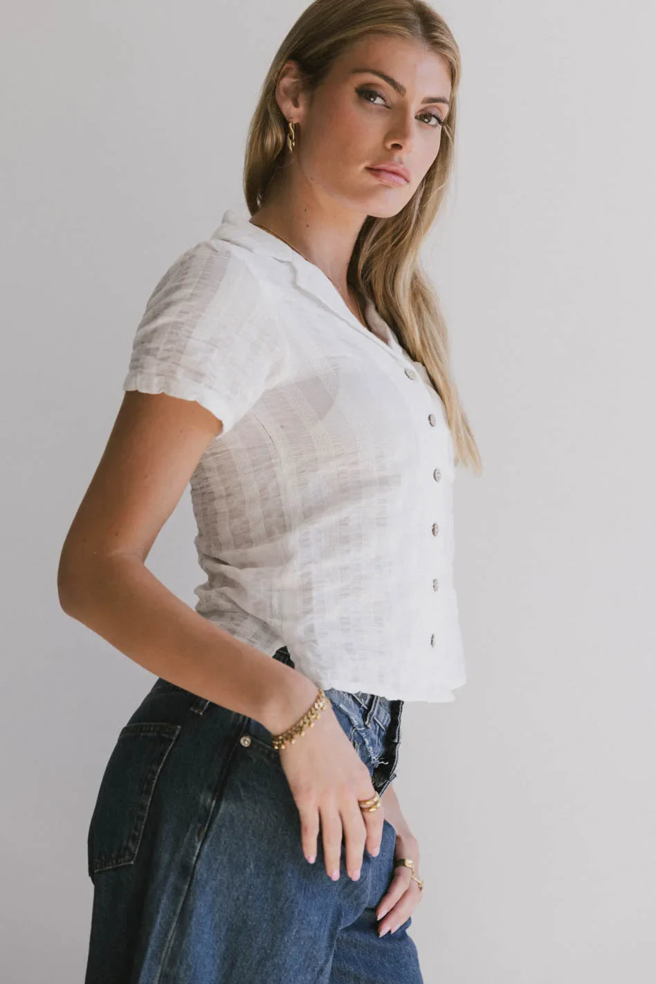Berenice Textured Button Up in White - FINAL SALE