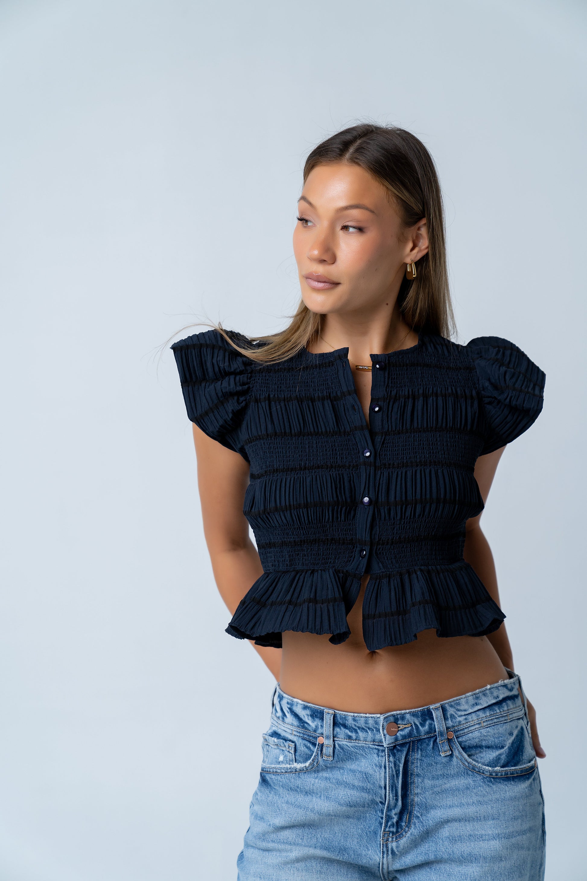 Holly Smocked Blouse in Navy