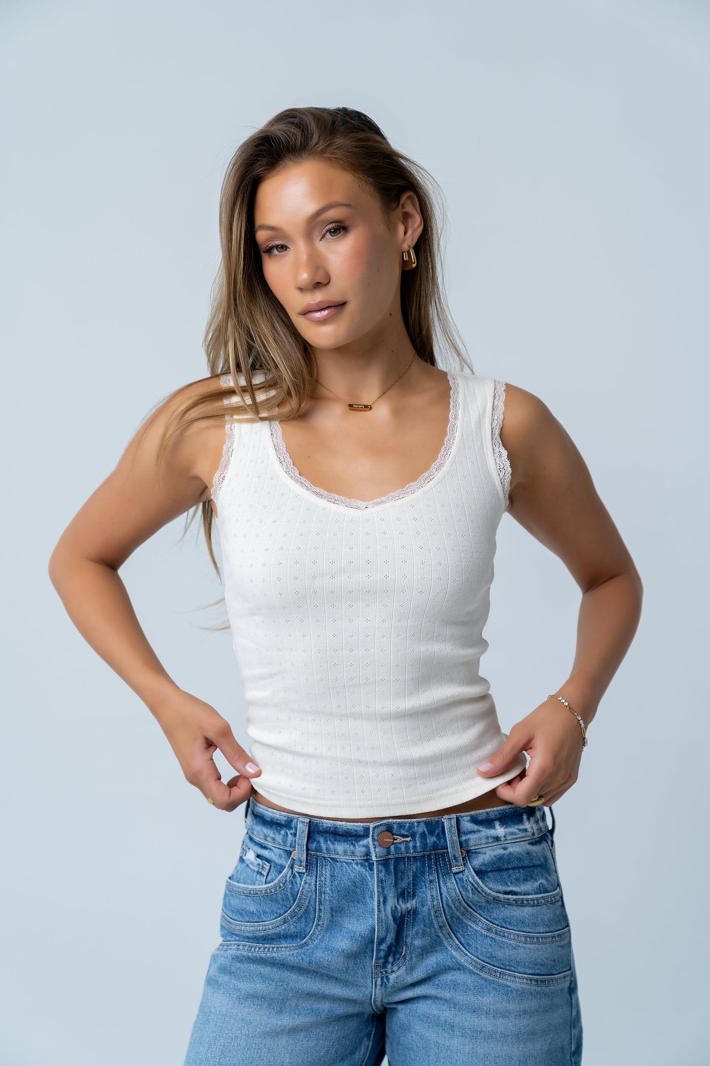 Mackie Lace Trim Tank in Heather Grey