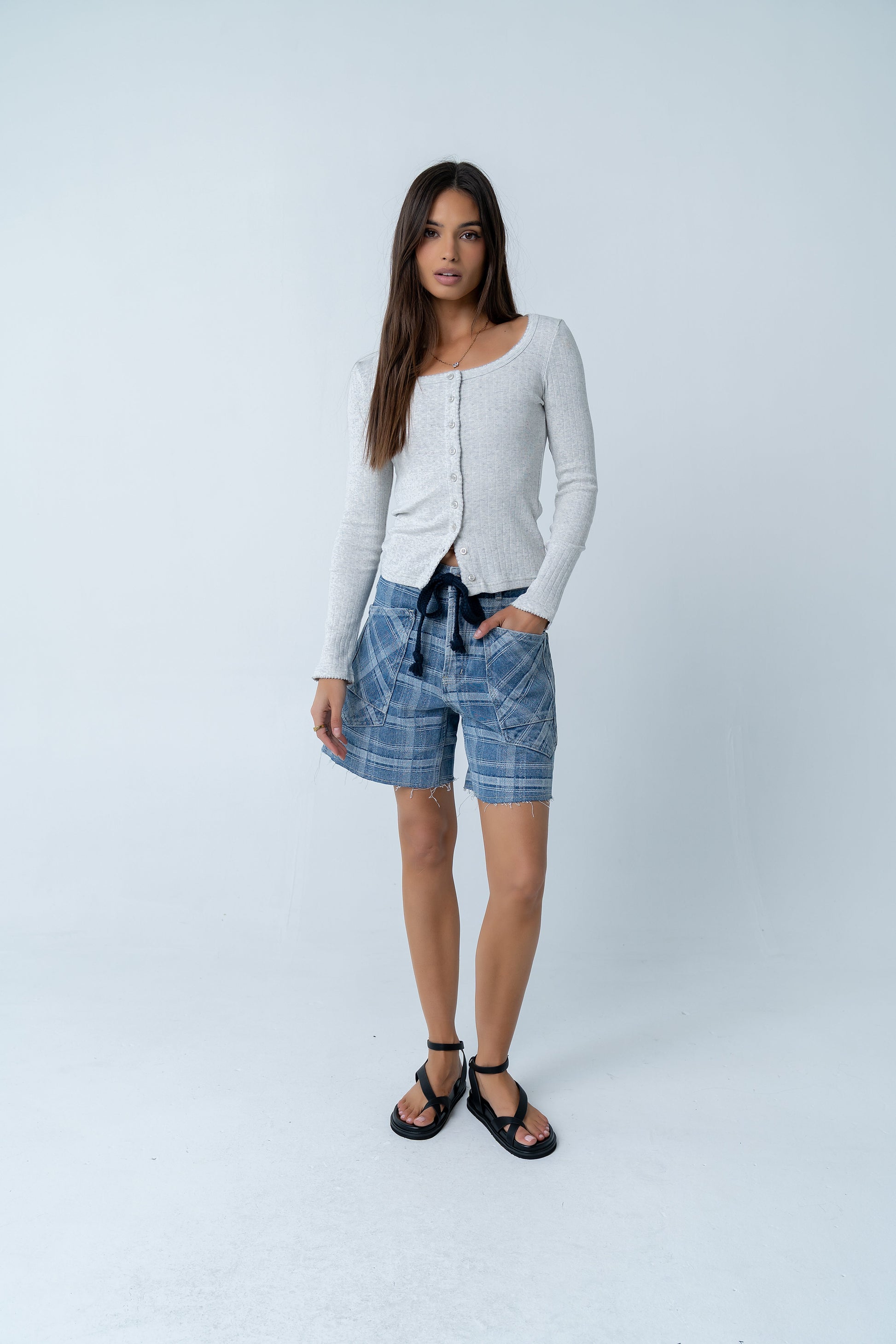 Roselyn Plaid Denim Shorts